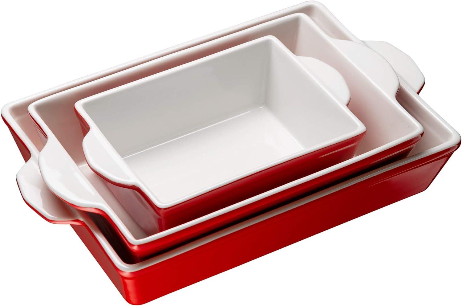 Cherry Red Ceramic Rectangular Baking Dishes Set of 3