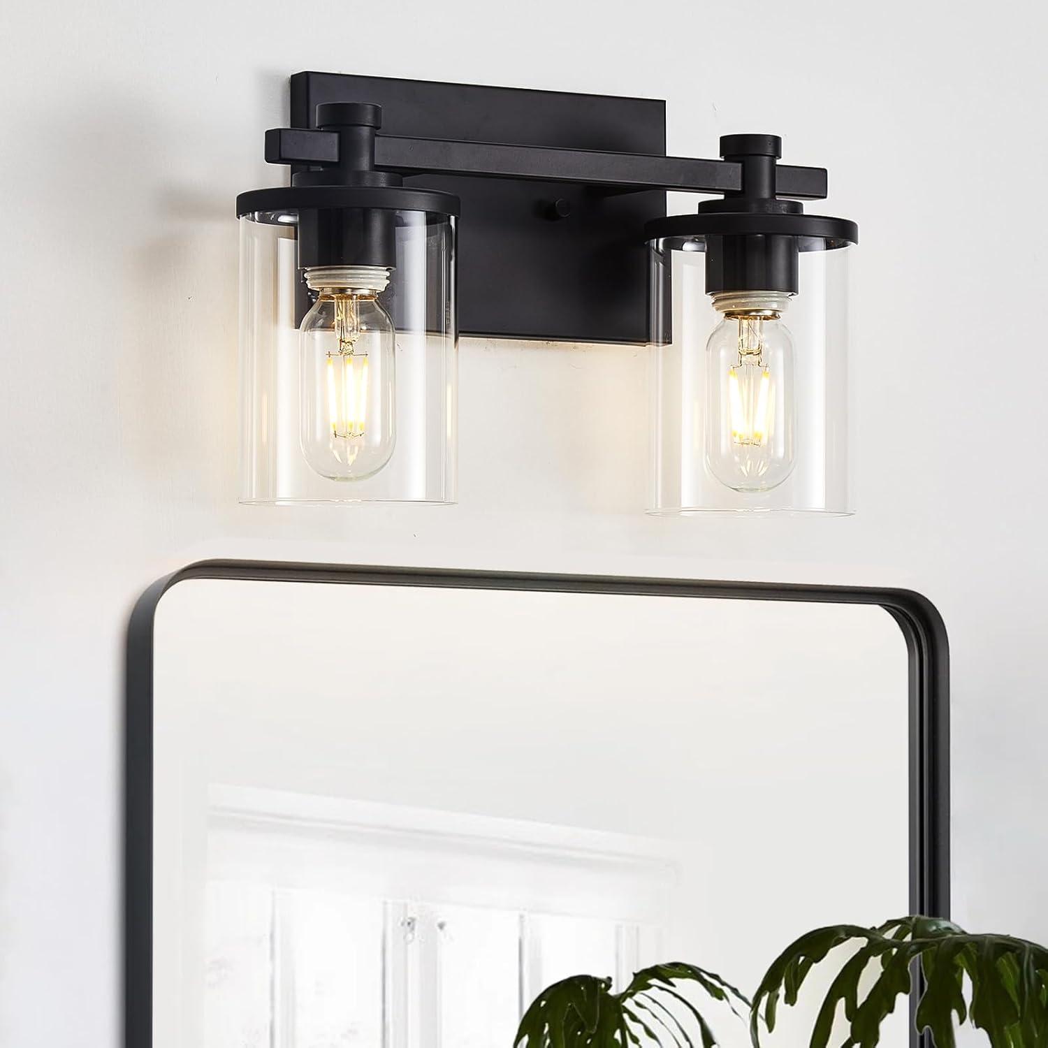 Matte Black 2-Light Dimmable Bathroom Vanity Light with Clear Glass Shades