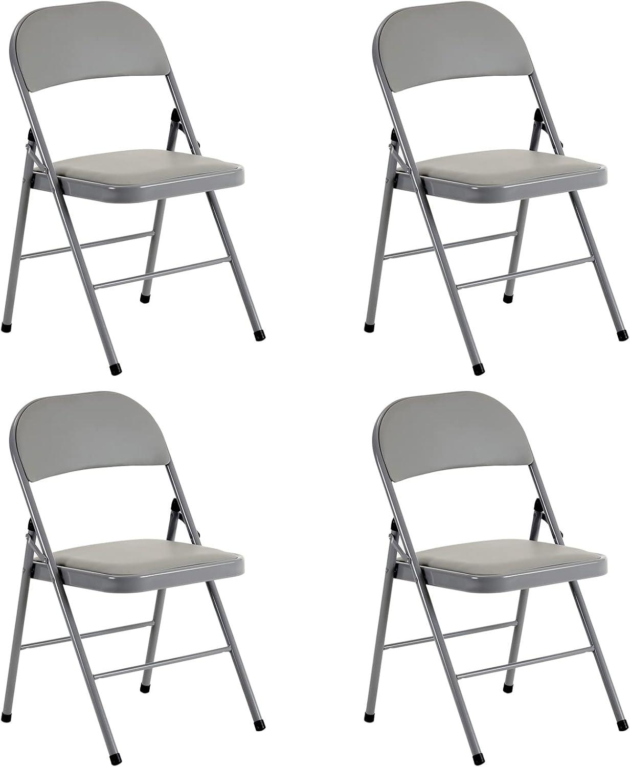 Folding Chairs with Padded Cushion and Back, 4pcs Potable Iron & PVC Durable Chairs for Indoor and Outdoor, School, Office and Garden Party, Gray