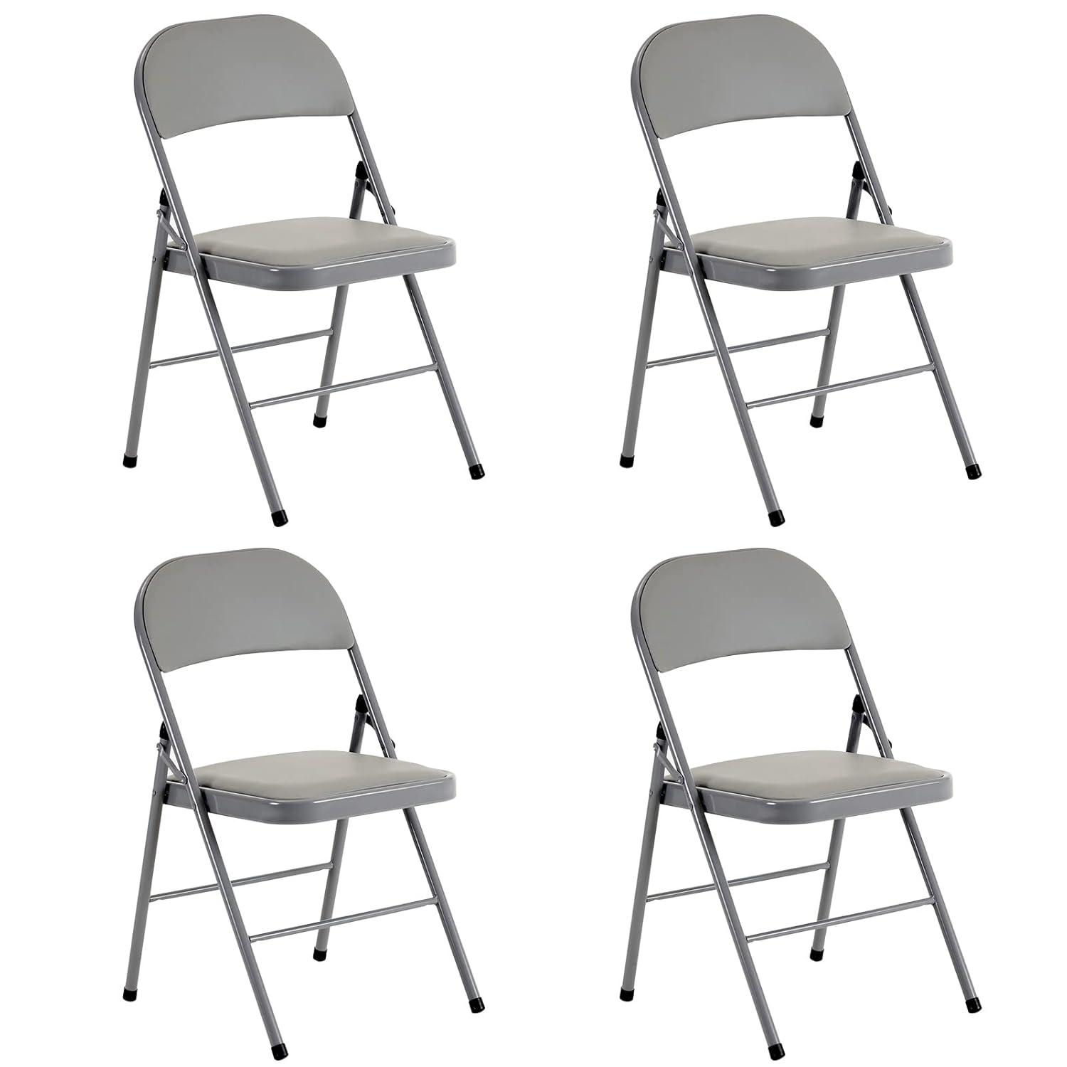 Folding Chairs with Padded Cushion and Back, 4pcs Potable Iron & PVC Durable Chairs for Indoor and Outdoor, School, Office and Garden Party, Gray