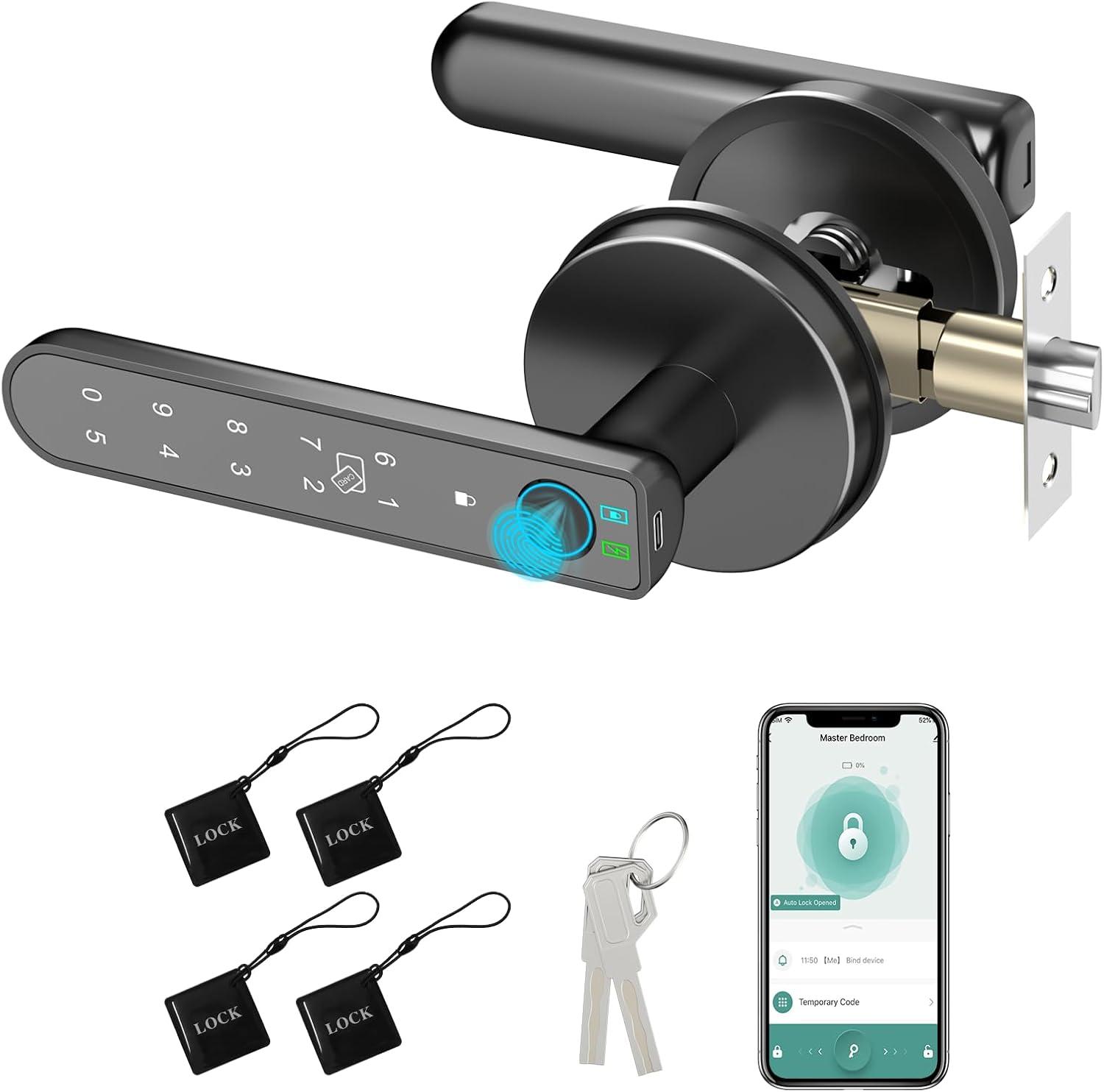 Smart Fingerprint Door Lock: Fingerprint Door Handle-Biometric 5 In 1 Fingerprint Door Lock-Bedroom Smart Door Handle-APP Control-Easy To Install-Round Black-1 Pack