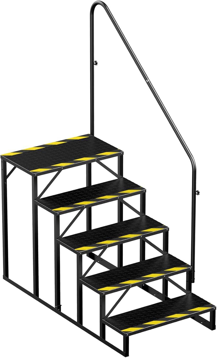 Tcbosik RV Steps with Handrail, 5 Steps Ladder Hot Tub Steps, Portable Stairs Step with Anti-Slip Panel, Heavy Duty Metal Mobile Home Stairs for Outdoor RV Step, Camper Trailer, Black