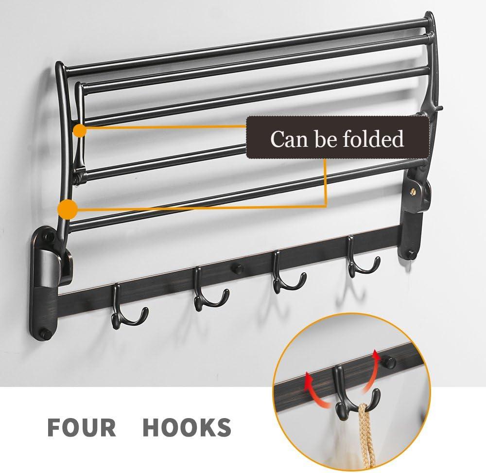 Oil Rubbed Bronze Towel Shelf: Wall Mounted Multifunctional Rack with Foldable Bar and Hooks