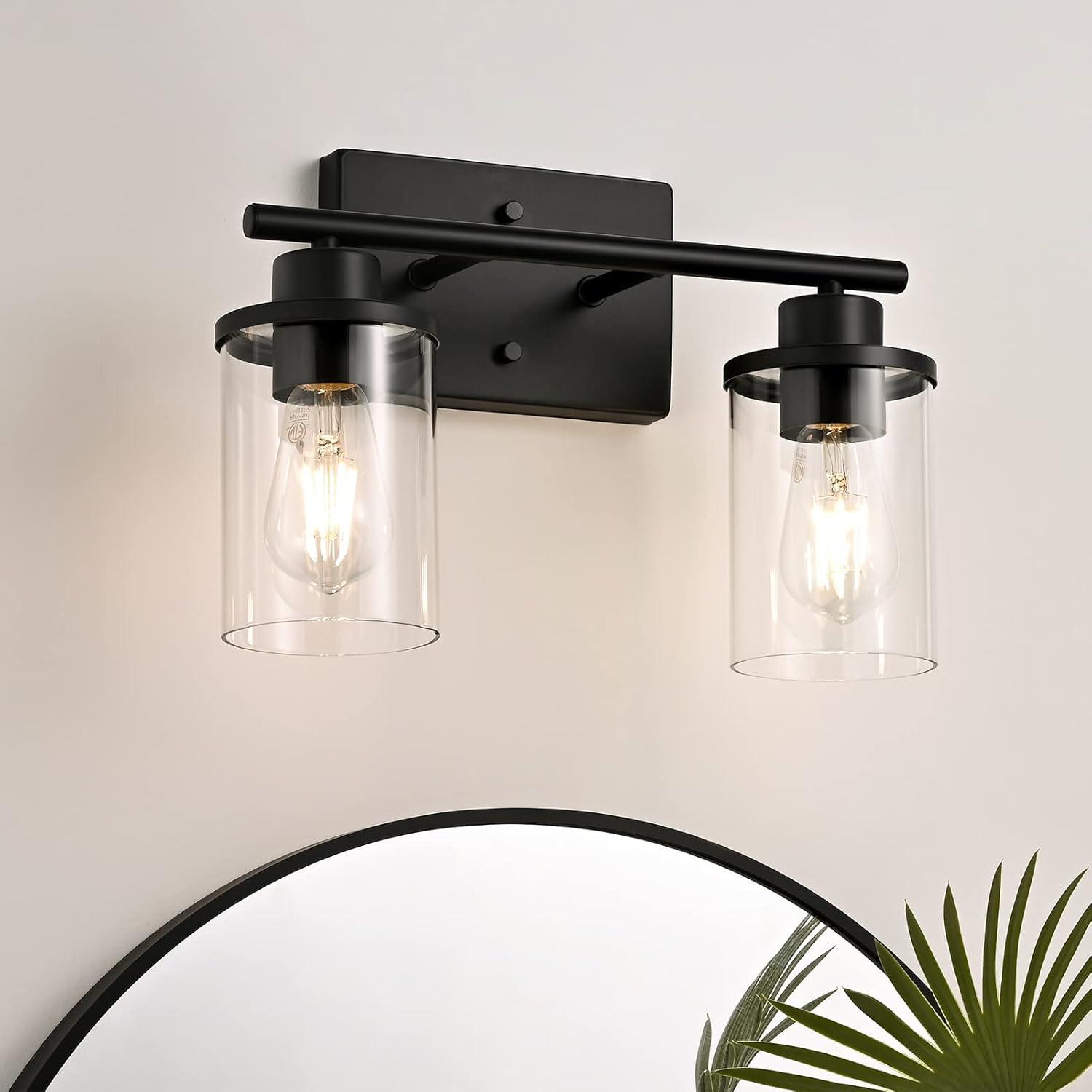 Modern Black 2-Light Bathroom Vanity Fixture with Clear Glass Shades