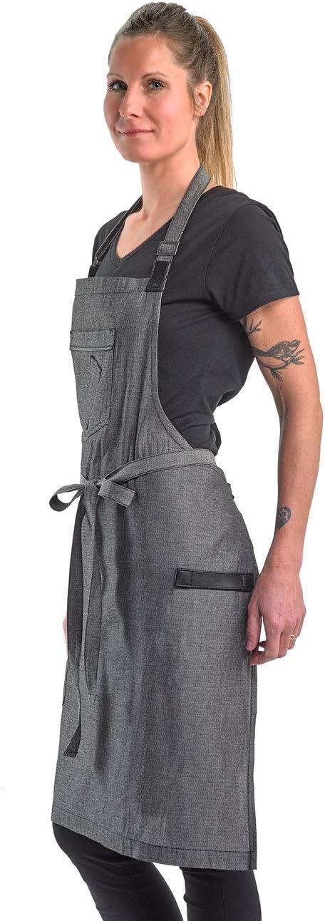 Mercer Culinary Metro Edge Renegade Bib Server Apron, Black Denim with Brown Leather Straps