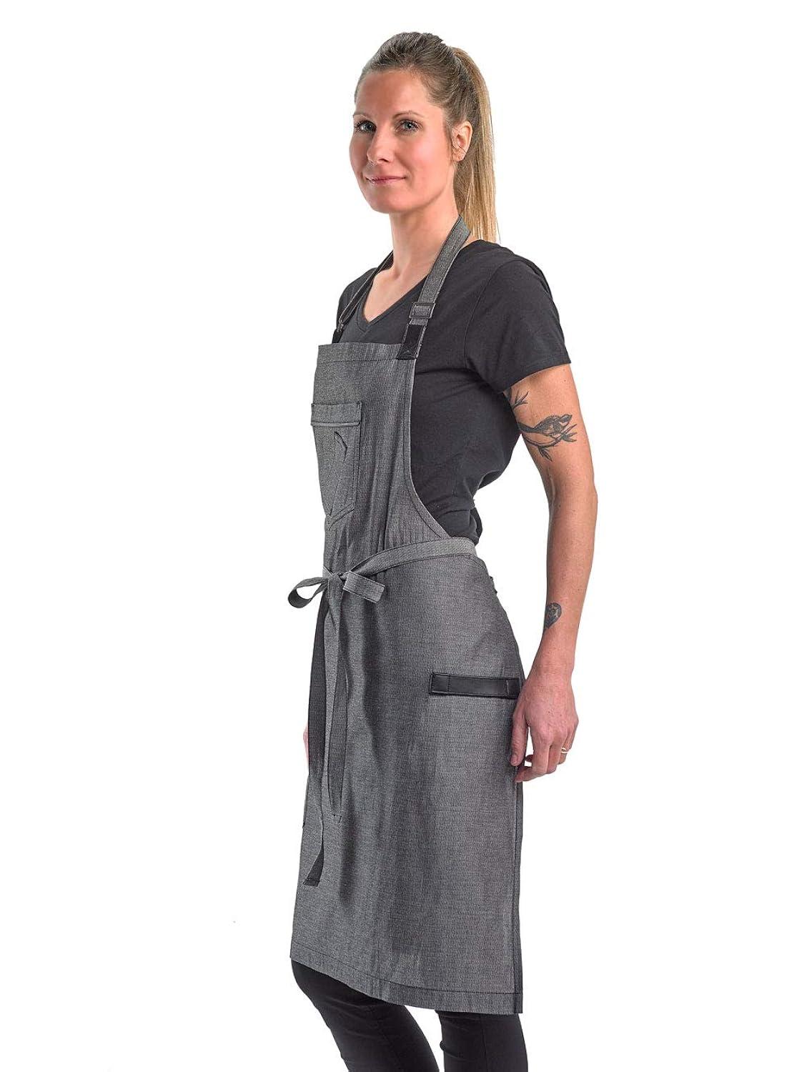 Mercer Culinary Metro Edge Renegade Bib Server Apron, Black Denim with Brown Leather Straps