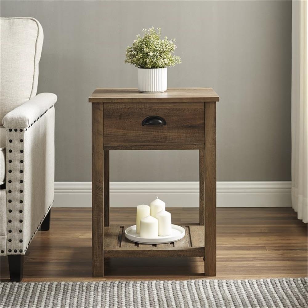 Walker Edison Farmhouse Square Side Accent Table Set Living Room Storage End Table with Storage Door Reclaimed Barnwood, 18 Inch