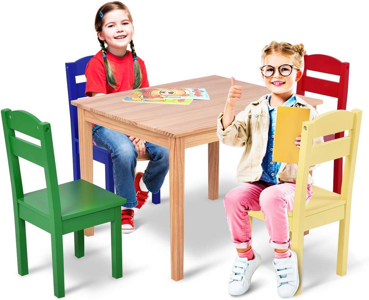 Kids Table and Chair Set, 5 Piece Wood Activity Table & Chairs for Children Arts Crafts, Homework, Snack Time, Preschool Furniture, Gift for Boys Girls, Toddler Table and Chair Set, Multicolor