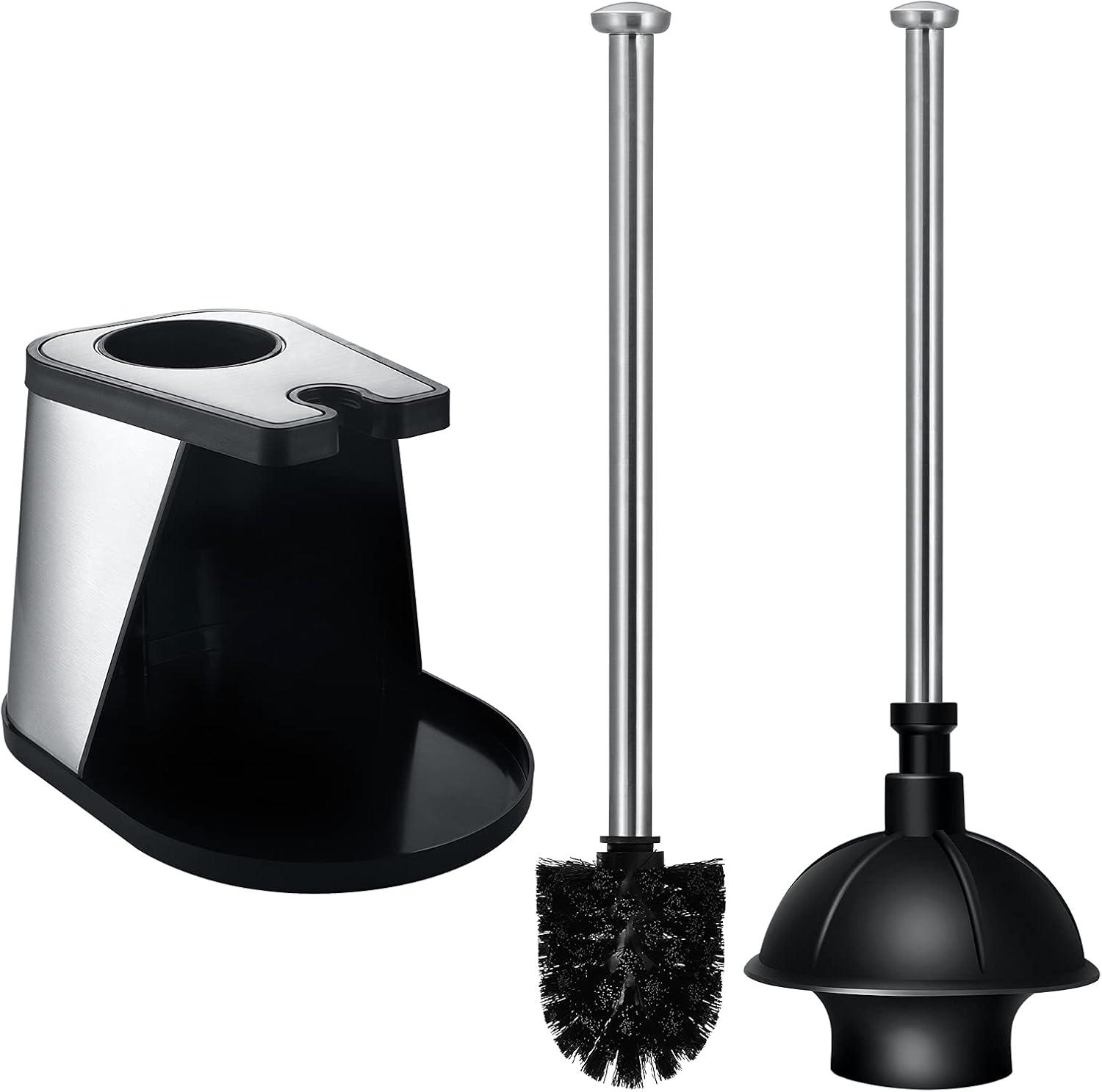 Stainless Steel and Black Toilet Brush and Plunger Set