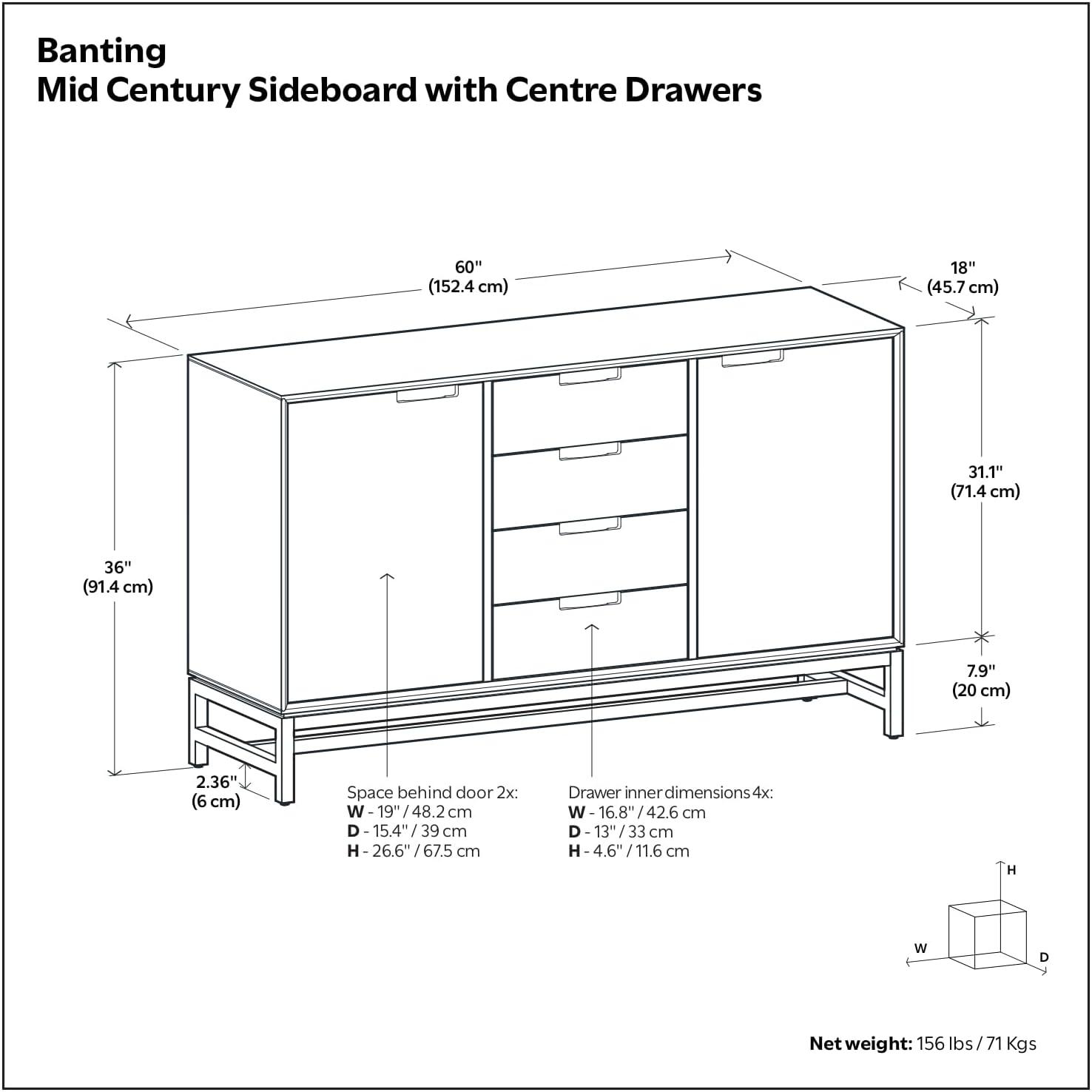 Simpli Home Banting 60"W Solid Wood Industrial 2-Door Sideboard Buffet with 4 Center Drawers