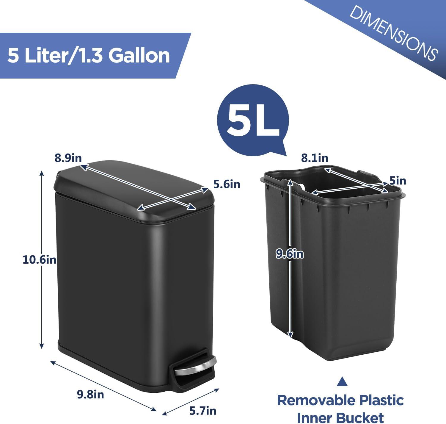 FDW Bathroom Trash Can With A Lid 1.3 Gallon  (5 L) Small Trash Bin Step Pedal Garbage Can With Removable Bucket Slim For Small Spaces For Bathroom,Bedroom,Kitchen,Office