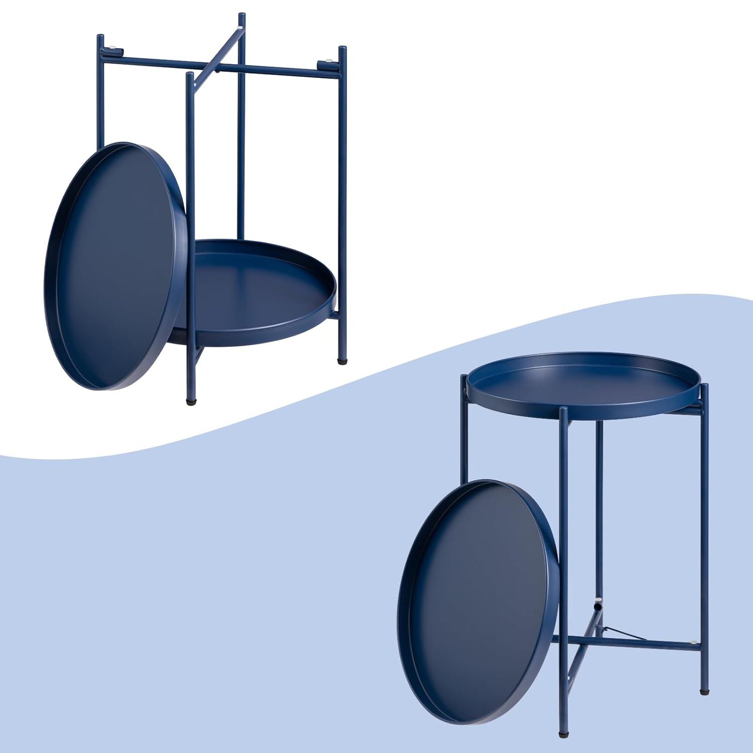 HollyHOME 2-Tier Round Side Table, Outdoor Small Folding Accent Stand with Removable Tray, Anti-Rust Metal Asional Table for Balcony Patio Living Room, Nightstand for Bedroom(Navy Blue)