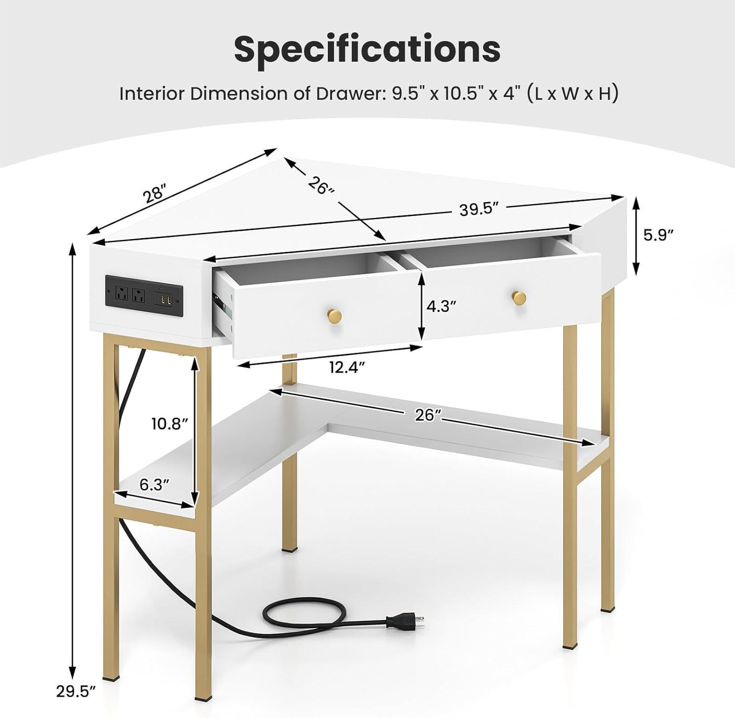Costway Corner Desk with Built-in Charging Station Storage Drawers & Open Shelves Office White