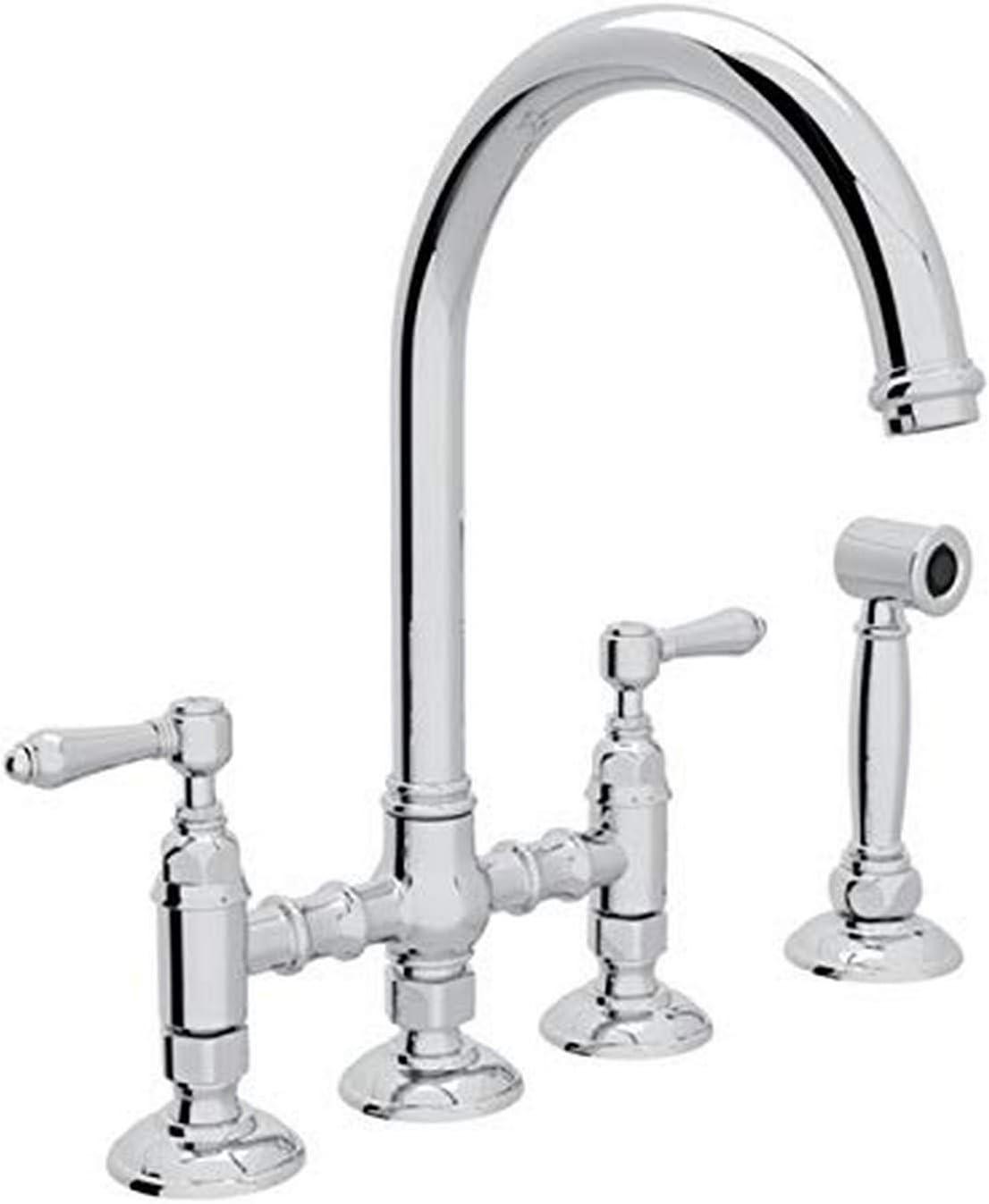 Rohl Italian Kitchen San Julio Three Leg Bridge Faucet With Metal Levers Sidespray And "C" Spout In Polished Chrome