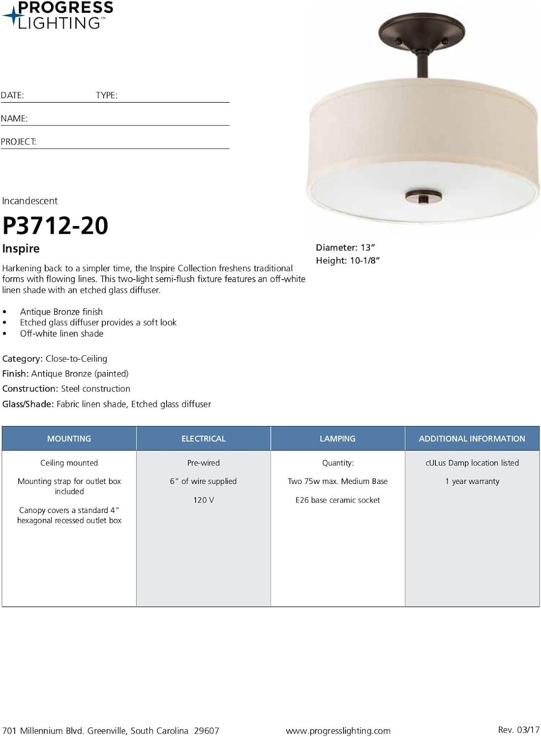 Progress Lighting, Inspire Collection, 2-Light Semi-Flush Mount, Antique Bronze, Etched Glass with Linen Shade