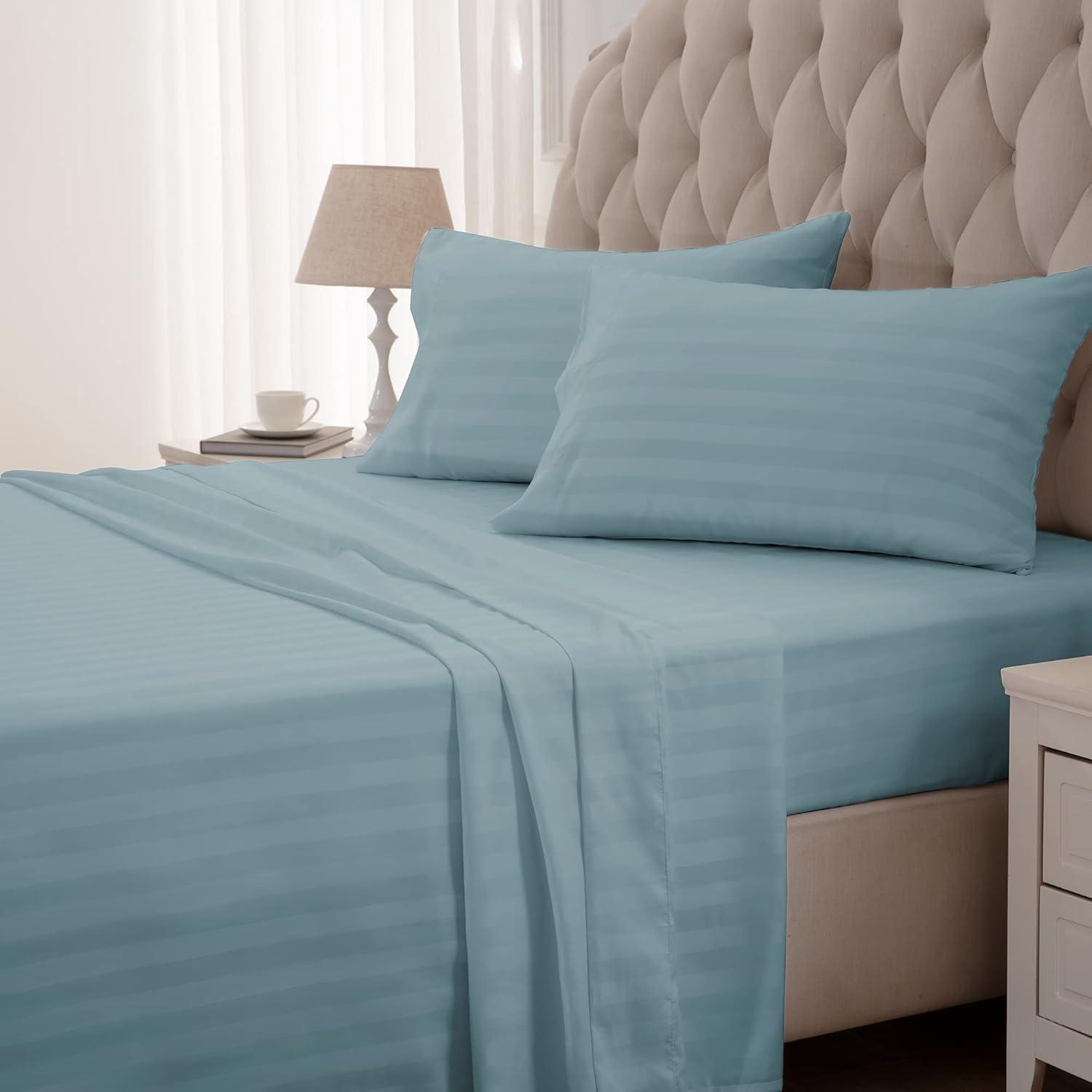 Stone Blue Satin Stripe Queen Sheet Set with Deep Pockets