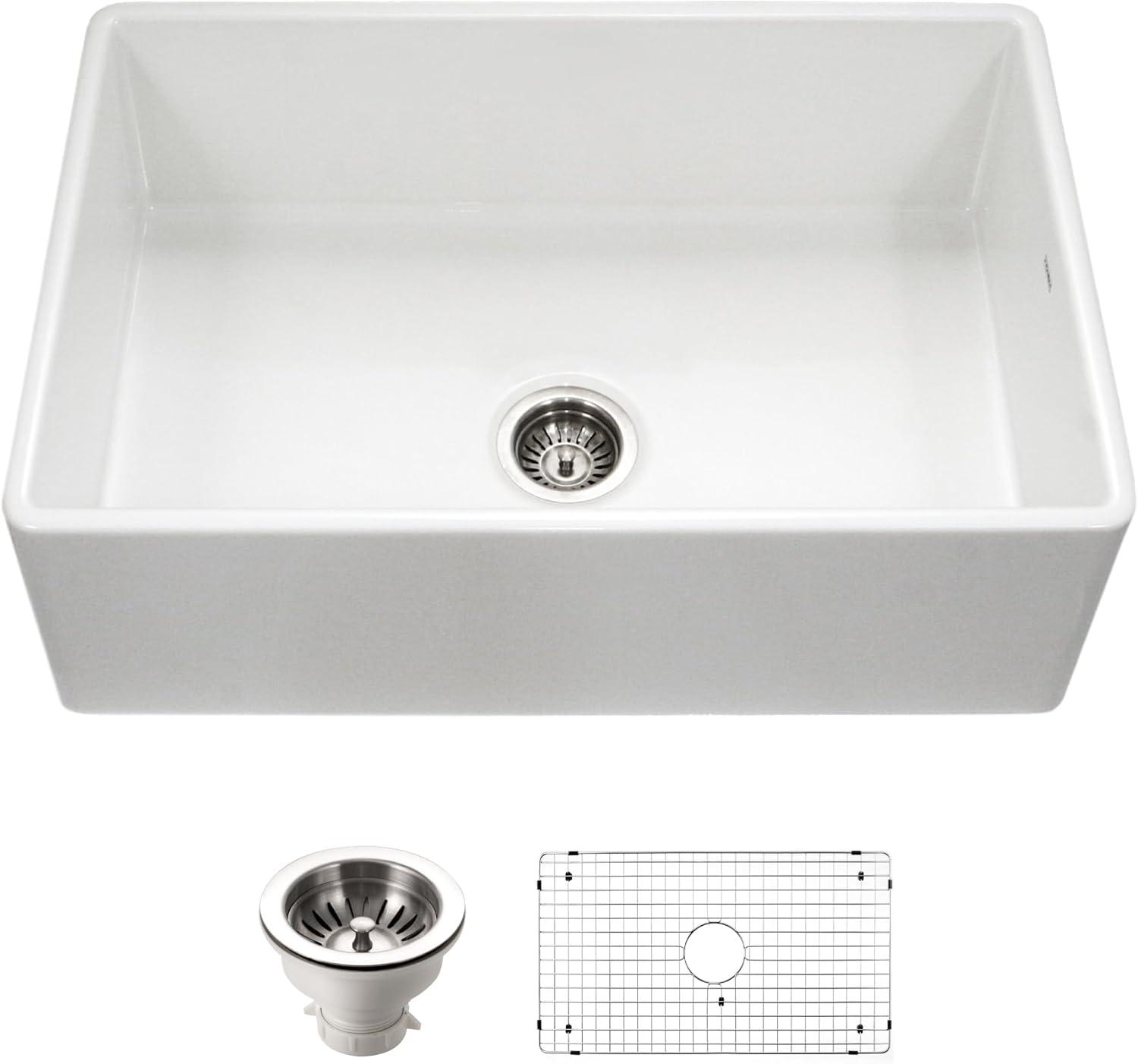 Houzer 33 inFireclay Apron Front Farmhouse Kitchen Sink w/ Strainer, Grid - PTG-4300 WH-C