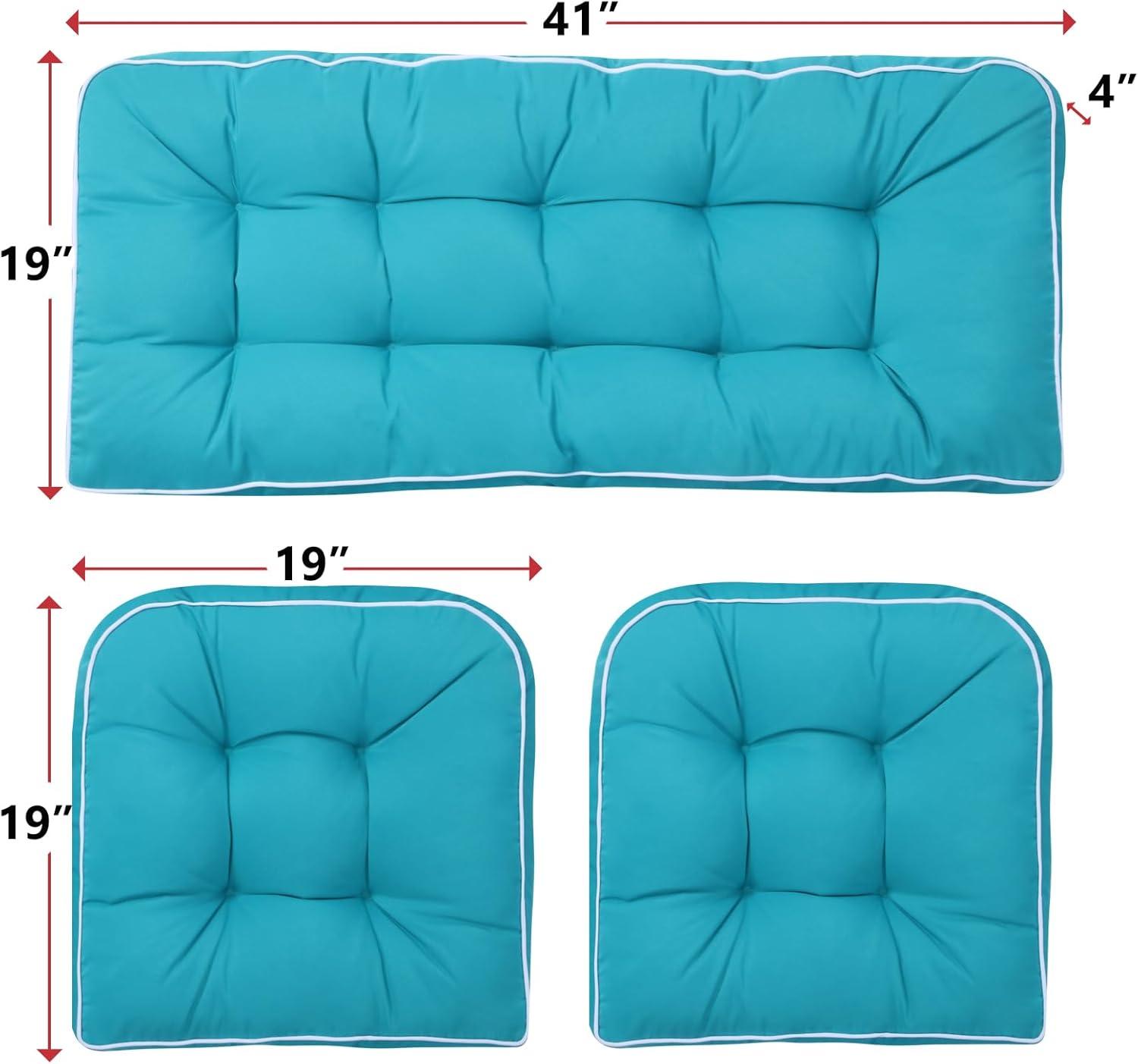 Outdoor 3 Piece Wicker Chair Cushion Set, 1 Loveseat Wicker Settee Cushion & 2 U-Shape Cushion for Patio Bench All Weather