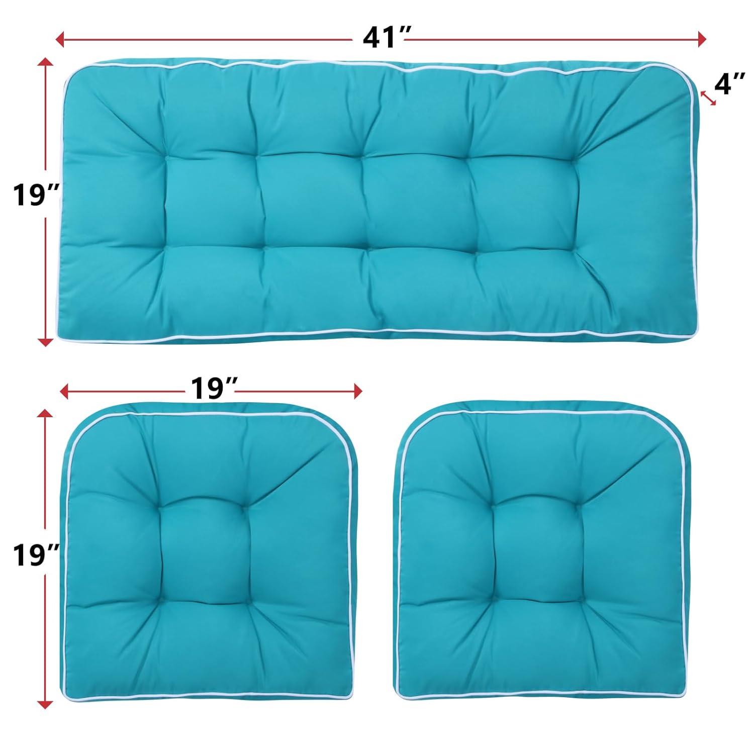 Outdoor 3 Piece Wicker Chair Cushion Set, 1 Loveseat Wicker Settee Cushion & 2 U-Shape Cushion for Patio Bench All Weather