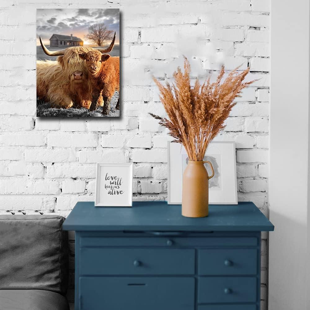 JEUXUS Highland Cow Wall Decor Cute Fluffy Cow Cattle Pictures Wall Art Farmhouse Longhorn Animal Canvas Print Painting Framed Modern Home Artwork Decorations For Bedroom Bathroom Office Kitche