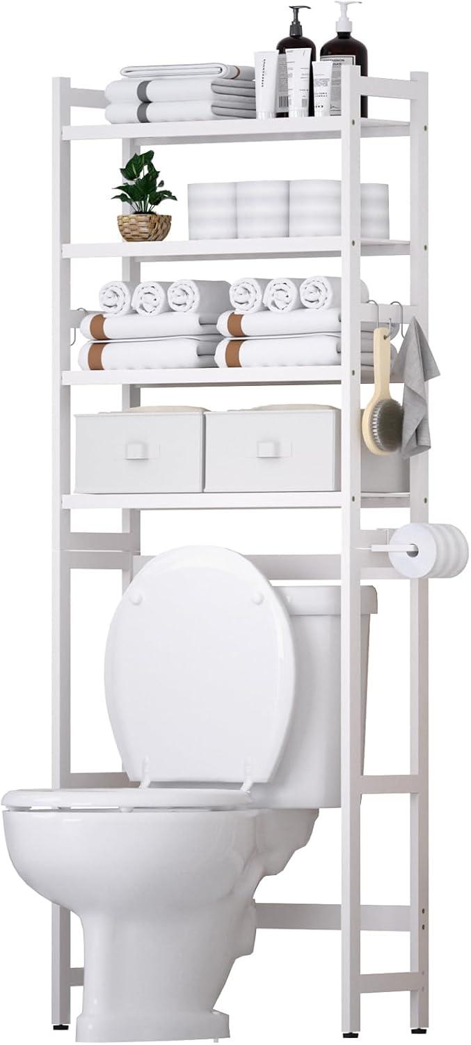 White Bamboo 4-Tier Over-the-Toilet Storage Rack with Baskets and Hooks