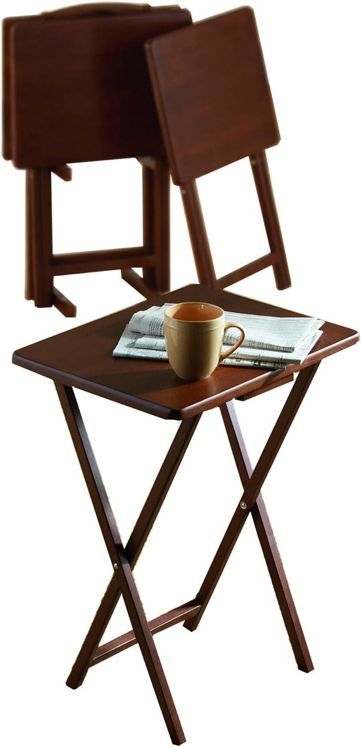 PJ Wood 19.09 x 14.57 x 26.00 Inch Folding TV Tray Tables with Compact Storage Rack, Solid Wood Construction, Walnut Brown Finish, 5 Piece Set