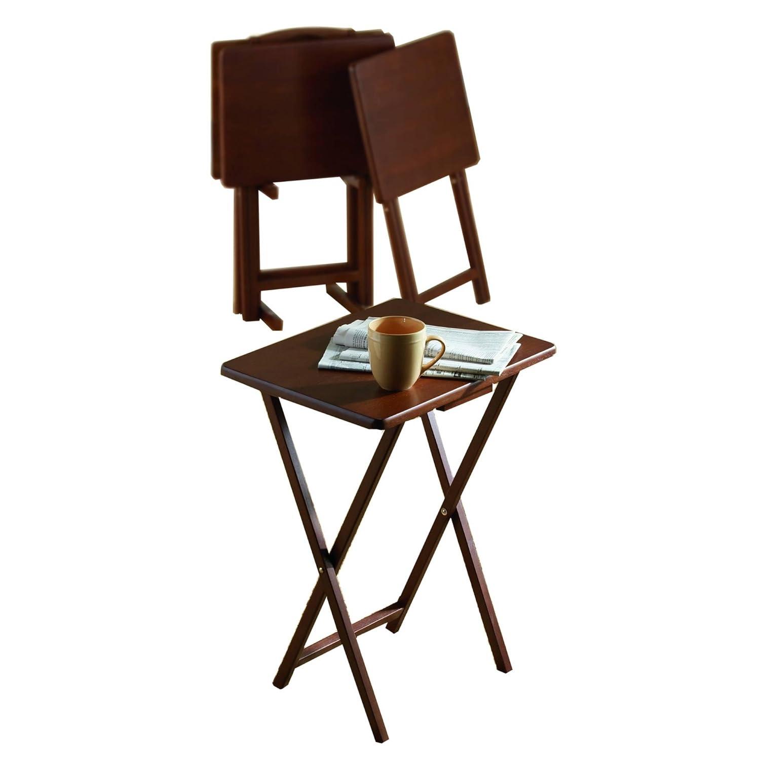 PJ Wood 19.09 x 14.57 x 26.00 Inch Folding TV Tray Tables with Compact Storage Rack, Solid Wood Construction, Walnut Brown Finish, 5 Piece Set