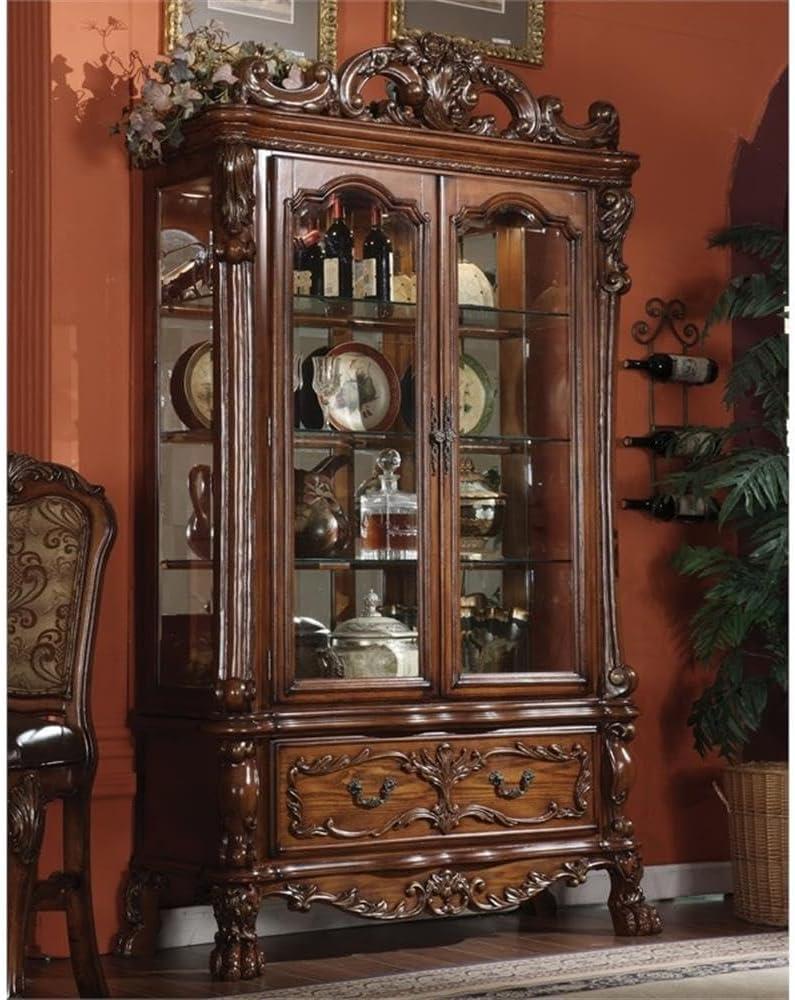 Cherry Oak Lighted Curio Cabinet with Glass Shelves