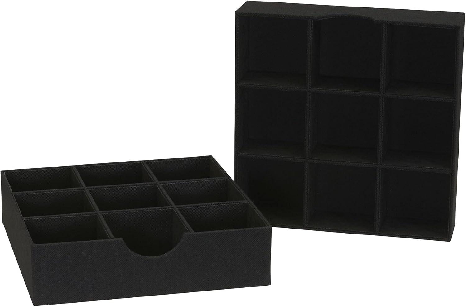 Household Essentials 9-Compartment Drawer Organizers, Pack of 2, Sturdy Chipboard With Soft Polyester Cover, Convenient and Stylish Storage Solution, 3” H x 12” W x 12” D, Black Linen