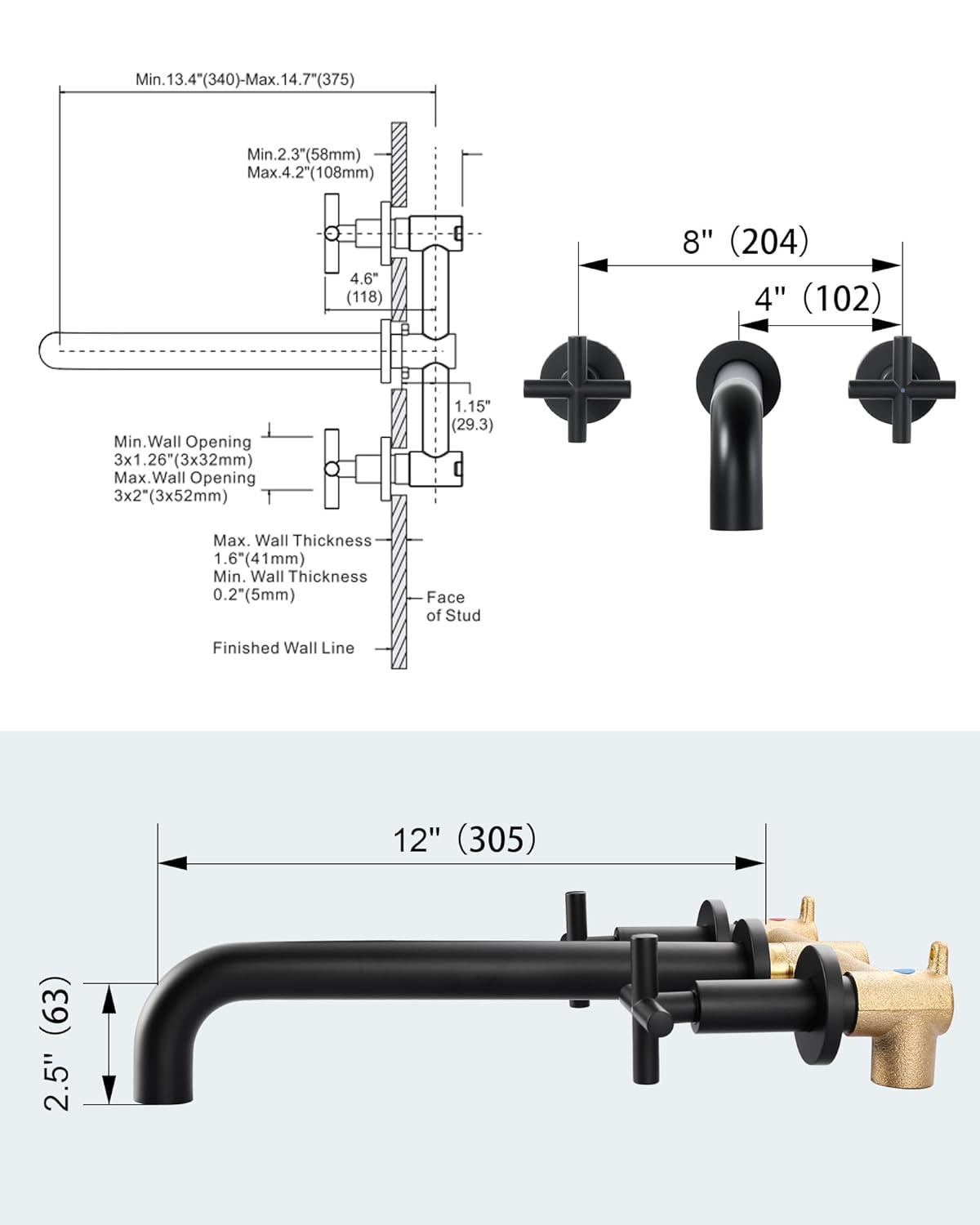 2-Handle 3-Hole Wall Mounted Roman Tub Faucet With 360° Swivel Spout
