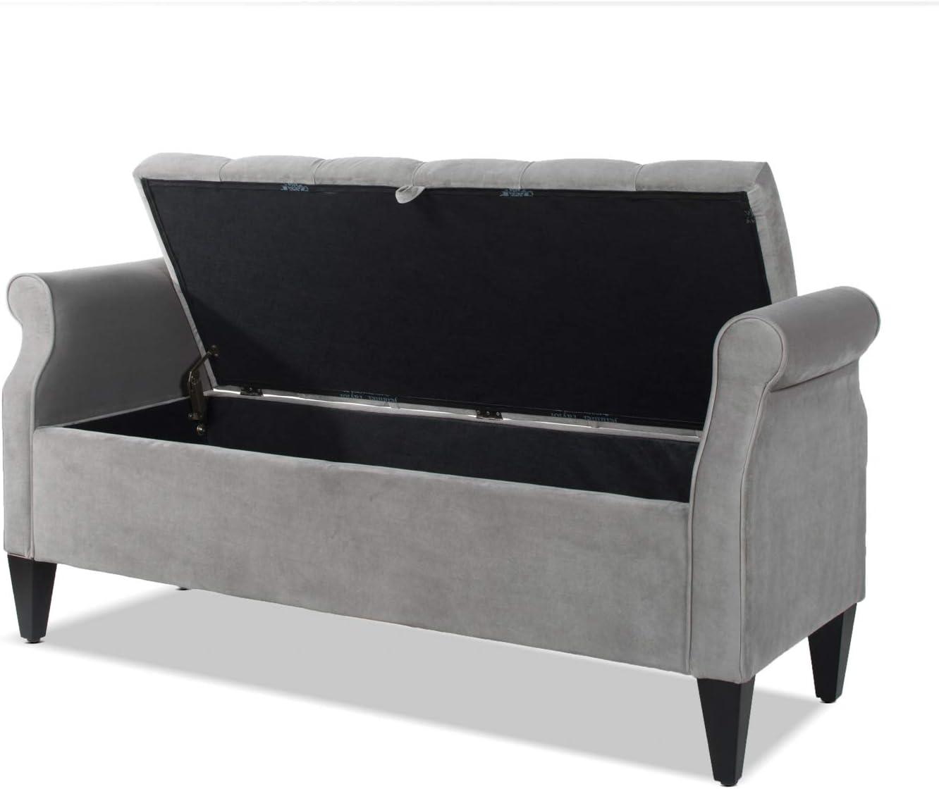 Jacqueline Opal Grey Velvet Tufted Roll Arm Storage Bench