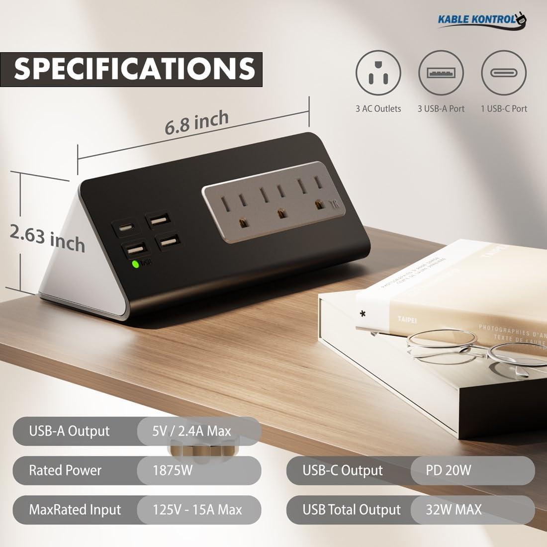 Black Desk Clamp Power Strip with USB-C and USB-A Ports