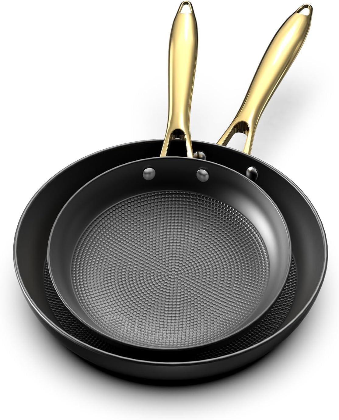 imarku Non Stick Frying Pans, Professional Cast Iron Skillets 2 Pcs - 8 Inch & 10 Inch Frying Pans Nonstick, Honeycomb Long Lasting Frying Pan Set Gold Handle Oven Safe Pan, New Home Essentials