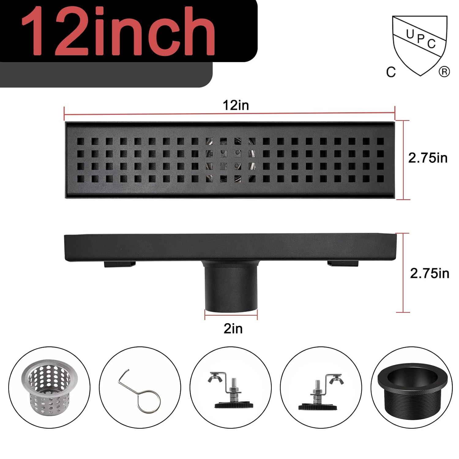 Black Shower Drain, Linear Shower Drain 12 Inch with Square Hole Panel, Matte Black Linear Drain with Hair Strainer and Leveling Feet