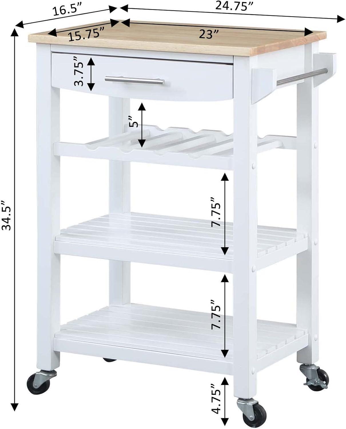 Convenience Concepts Ellaine 4 Tier Butcher Block Kitchen Cart with Drawer and Wine Rack, White/Butcher Block