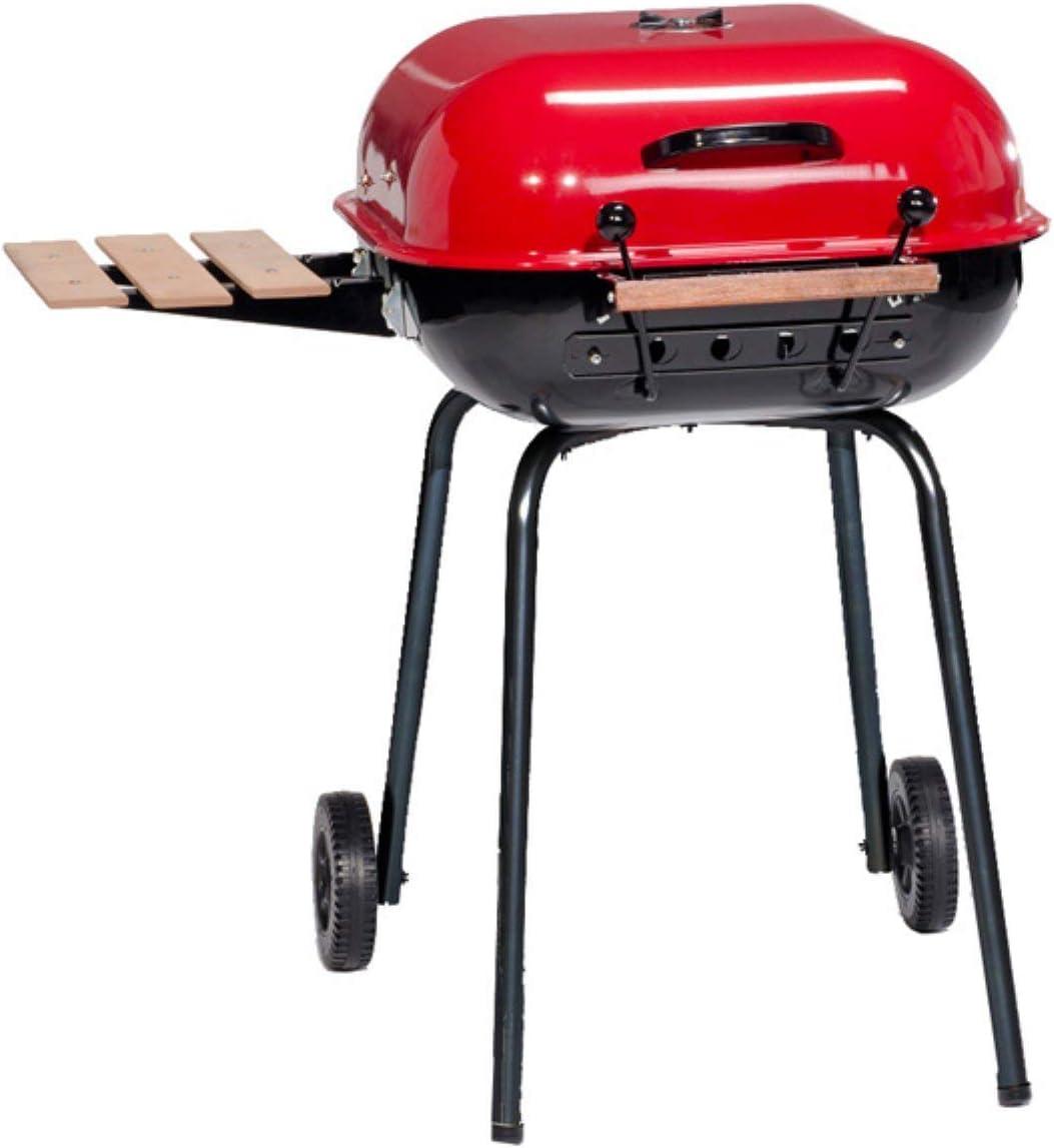 Red Charcoal Grill with Smoker and Side Tables