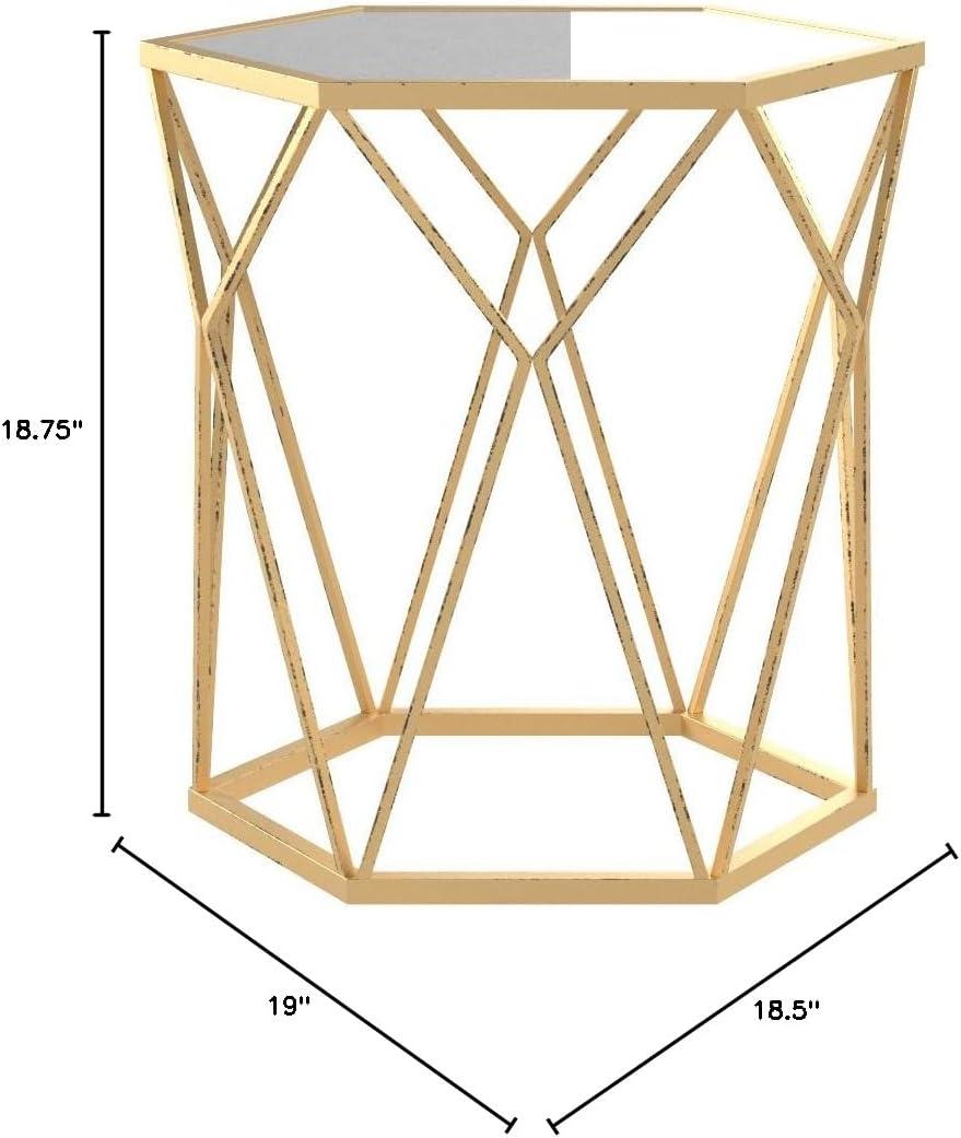 Hexagonal Gold Metal and Mirrored Accent Table