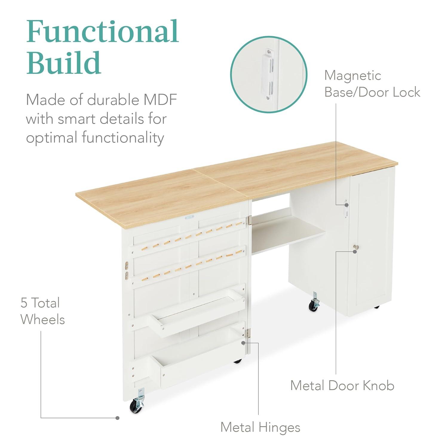 Best Choice Products Large Portable Multipurpose Folding Sewing Table w/ Magnetic Doors, Craft Storage - Natural/White