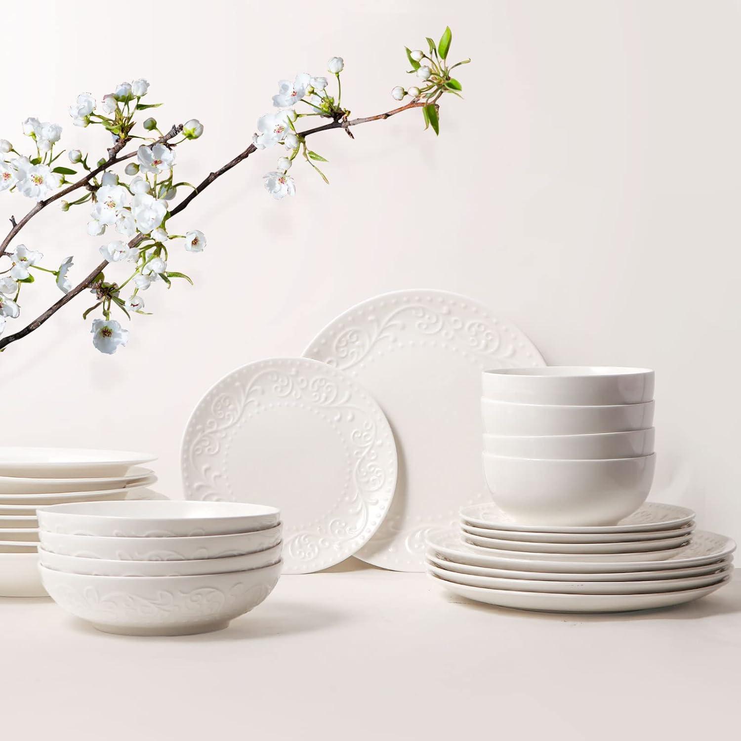 Artena Pasta Bowls 32oz, Ceramic Large Salad Bowls 8 inch, White Embossed Soup Bowl Set of 4 for Serving, Entertaining, Dinner Spaghetti, Wide Shallow, Microwave Dishwasher Oven Safe