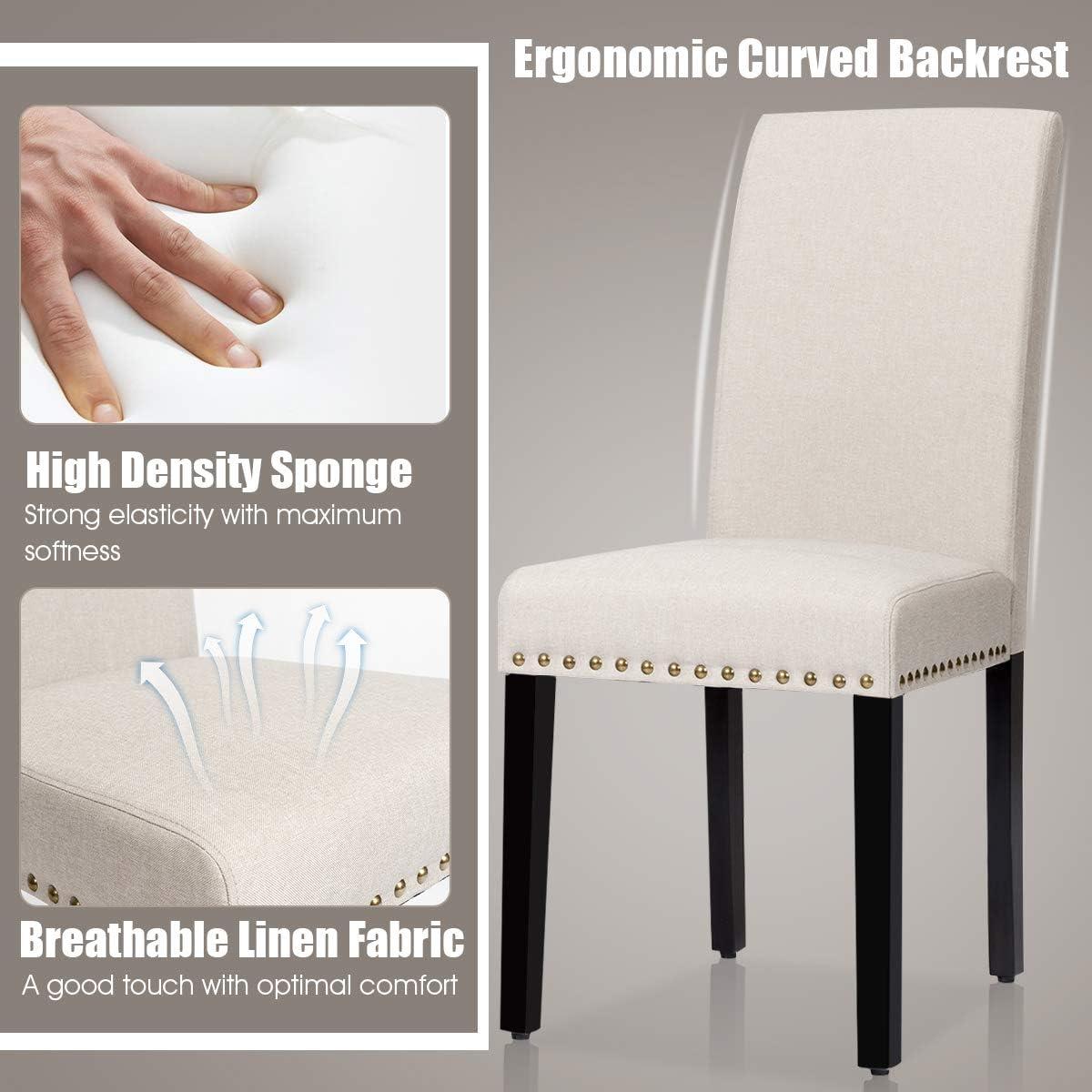 Costway Set of 2 Fabric Dining Chairs Upholstered with Nailhead Trim Beige