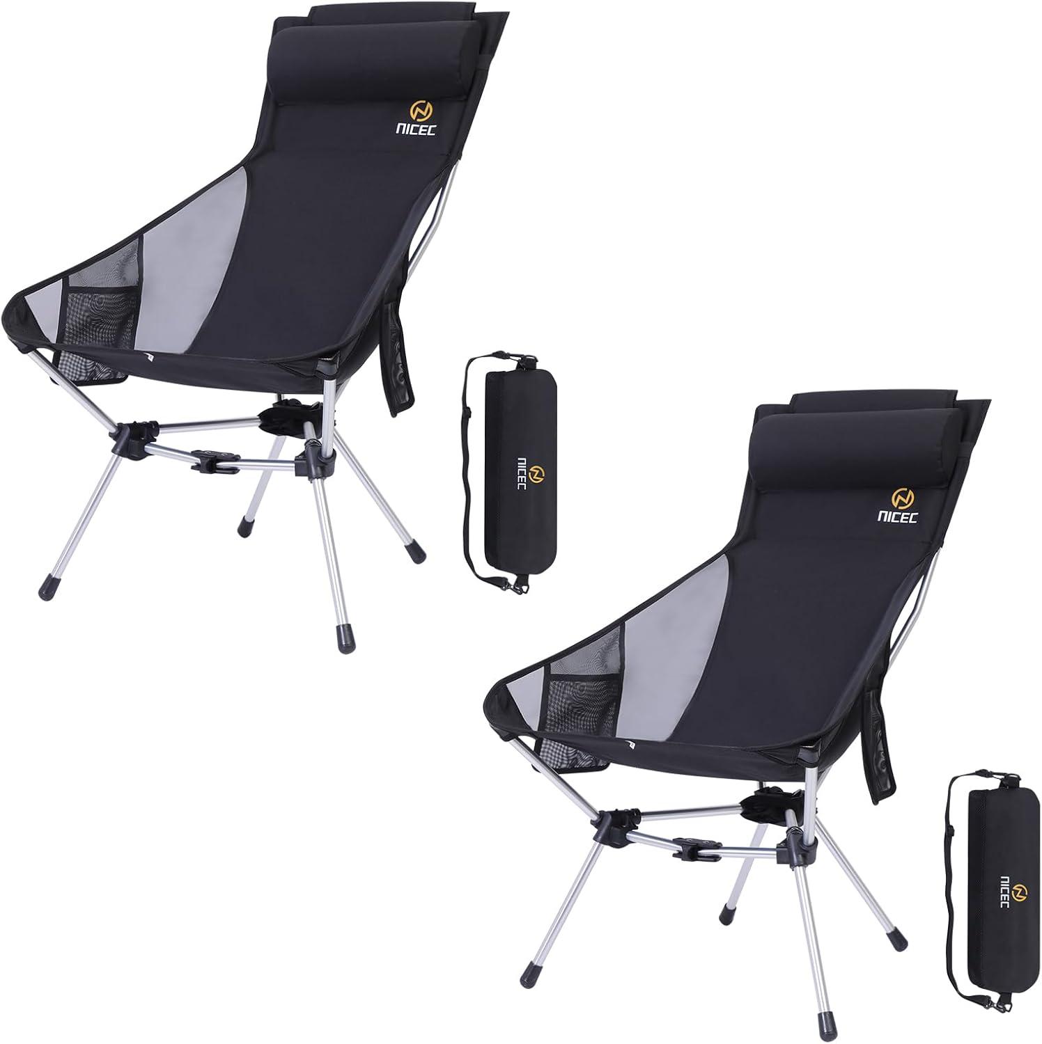 Nice C Ultralight High Back Folding Camping Chair, Backpacking Chair, Compact & Heavy Duty Outdoor, Travel, Picnic, Festival with 2 Side Pockets, Pillow &Carry Bag (Set of 1 Black)