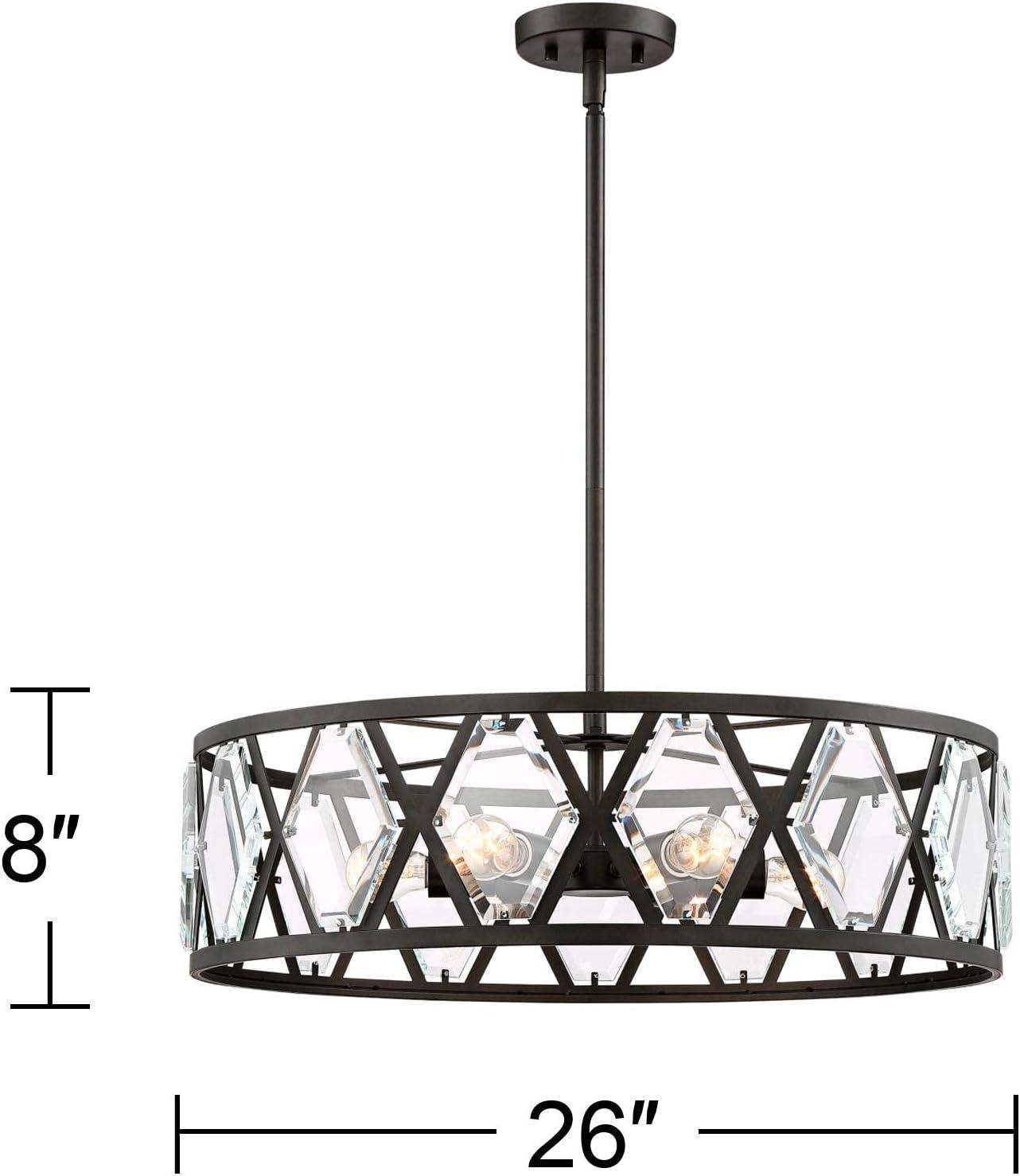 Regency Hill Lexington Black Pendant Chandelier 26" Wide Industrial Drum Clear Crystal 6-Light Fixture for Dining Room House Kitchen Island Entryway