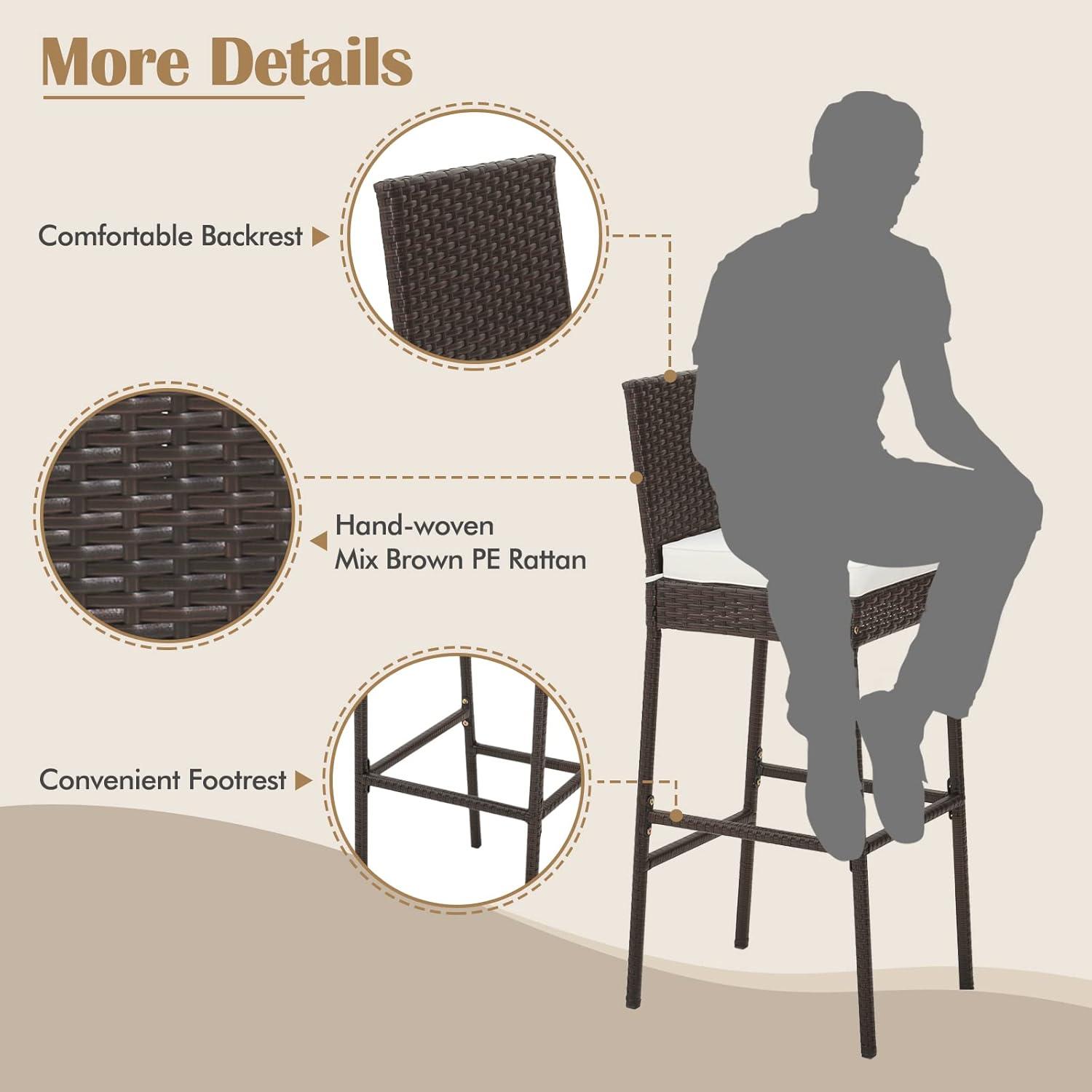 Kepooman Outdoor Bar Stool, 2 Pieces Patio Cushioned Wicker Barstools with Cozy Footrest-Set of 2