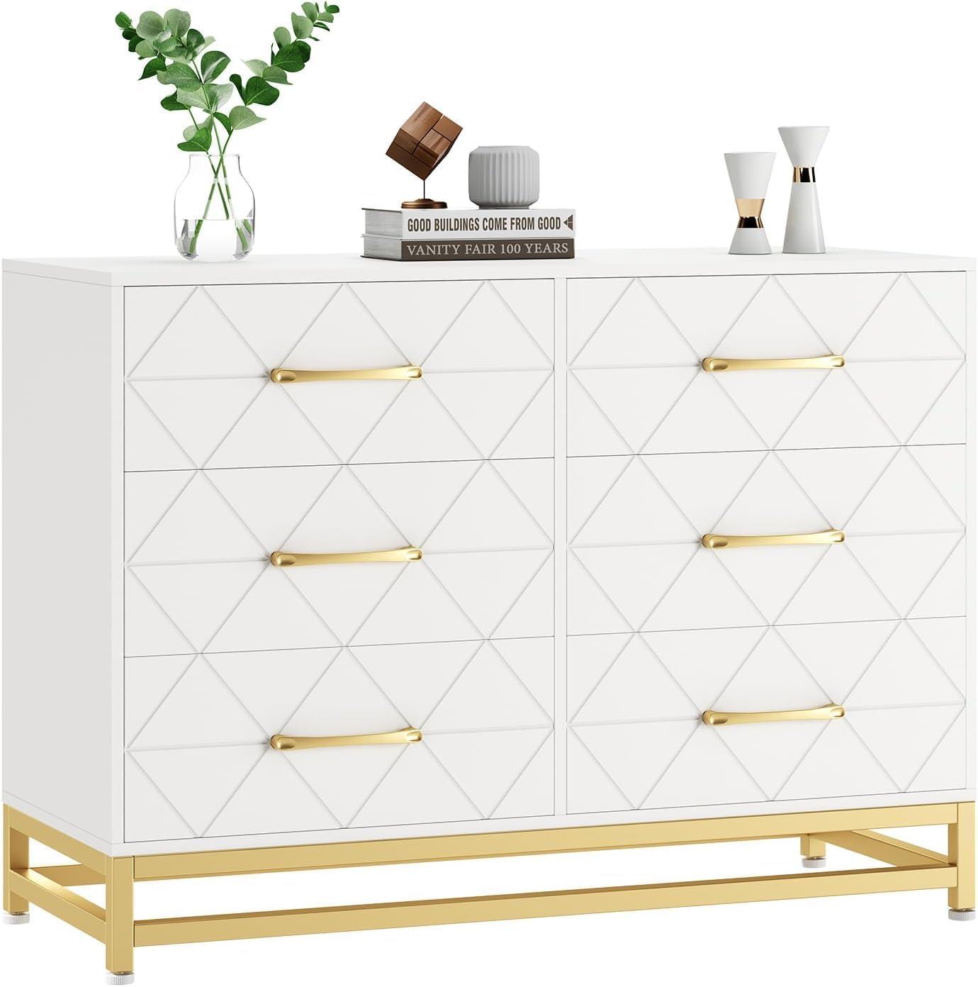 Garvee Dresser for Bedroom with 6 Drawer, Wood Dressers Chest of Drawers with Wide Drawers and Metal Handles for Living Room Hallway Entryway, White