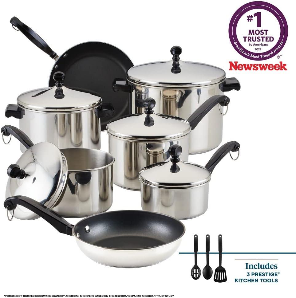 Farberware Classic Series 15pc Stainless Steel and Ceramic Cookware Pots and Pans Set Silver