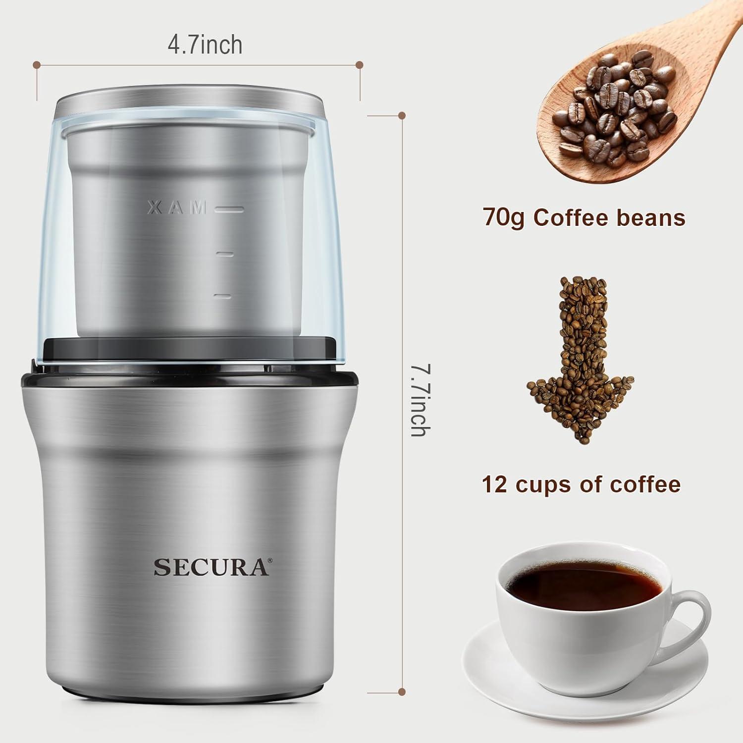 Stainless Steel Electric Coffee and Spice Grinder with Dual Blades