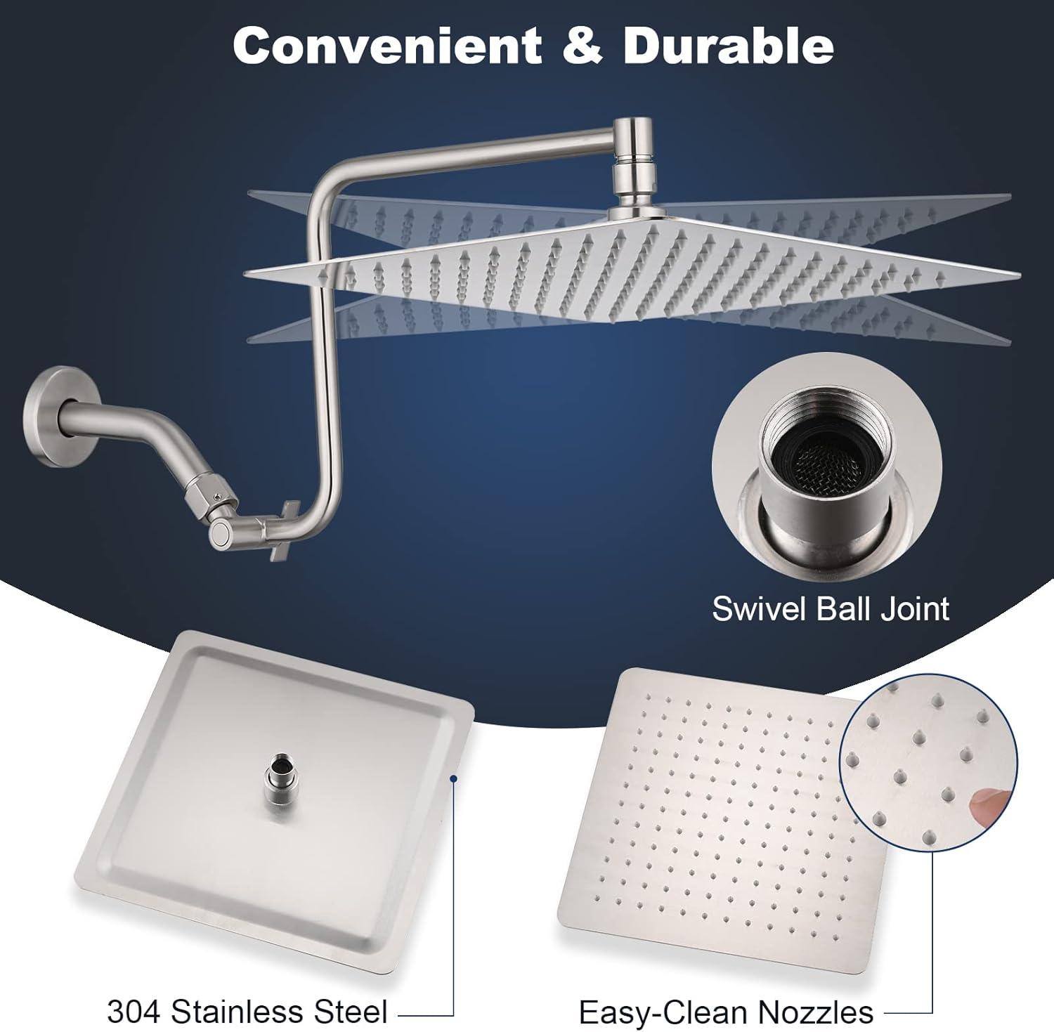 PDPBath 12" Rain Shower Head with Upgrade Adjustable Extension Arm, 304 Stainless Steel High Pressure Rainfall Showerhead, All Metal Large Square Waterfall Fixed Showerhead - Brushed Nickel