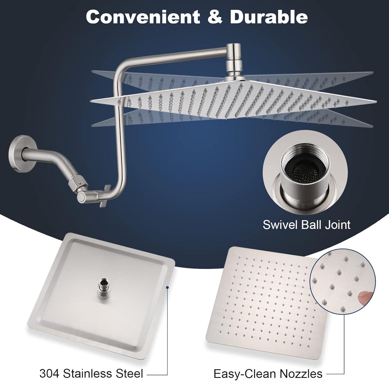 PDPBath 12" Rain Shower Head with Upgrade Adjustable Extension Arm, 304 Stainless Steel High Pressure Rainfall Showerhead, All Metal Large Square Waterfall Fixed Showerhead - Brushed Nickel