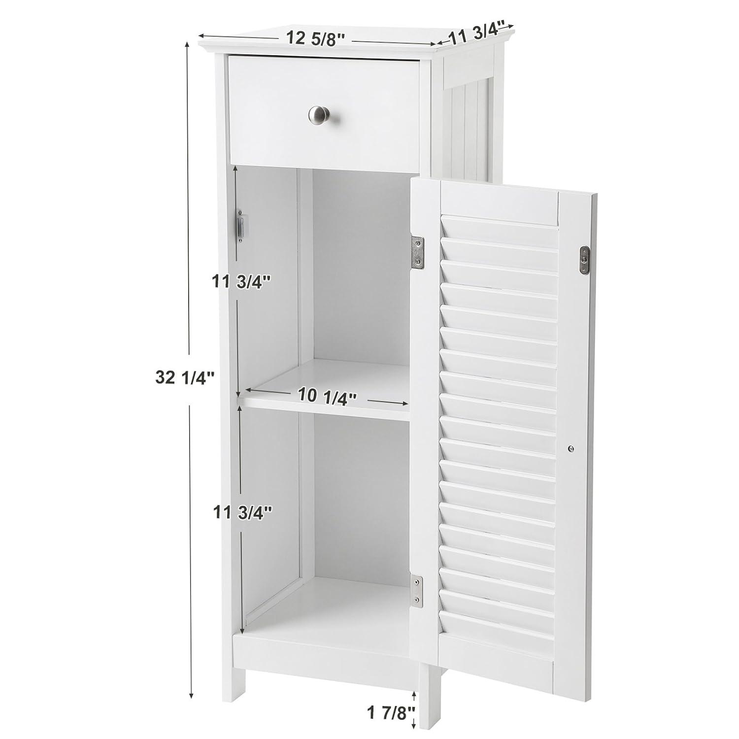 VASAGLE Bathroom Storage Cabinet, Small Slim Bathroom Floor Cabinet with Drawer and Shutter Door, for Living Room, Bedroom, 11.8 x 12.6 x 34.3 Inches, White UBBC43WT