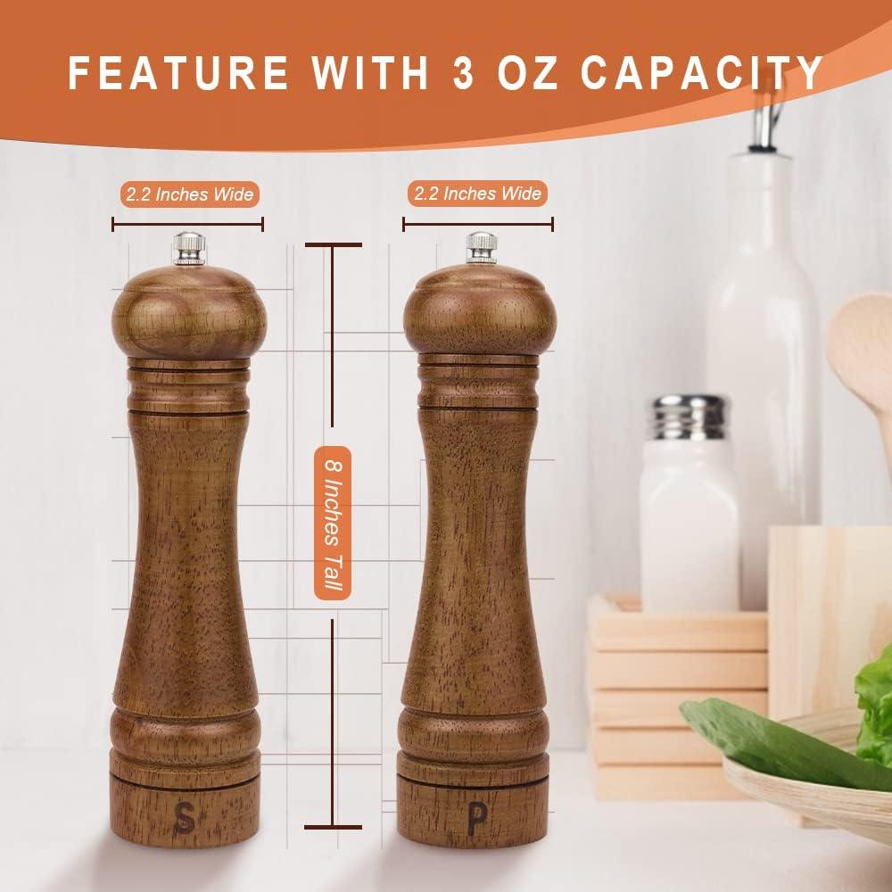 XQXQ Wood Salt and Pepper Mill Set, Pepper Grinders, Salt Shakers with Adjustable Ceramic Rotor- 8 inches -Pack of 2